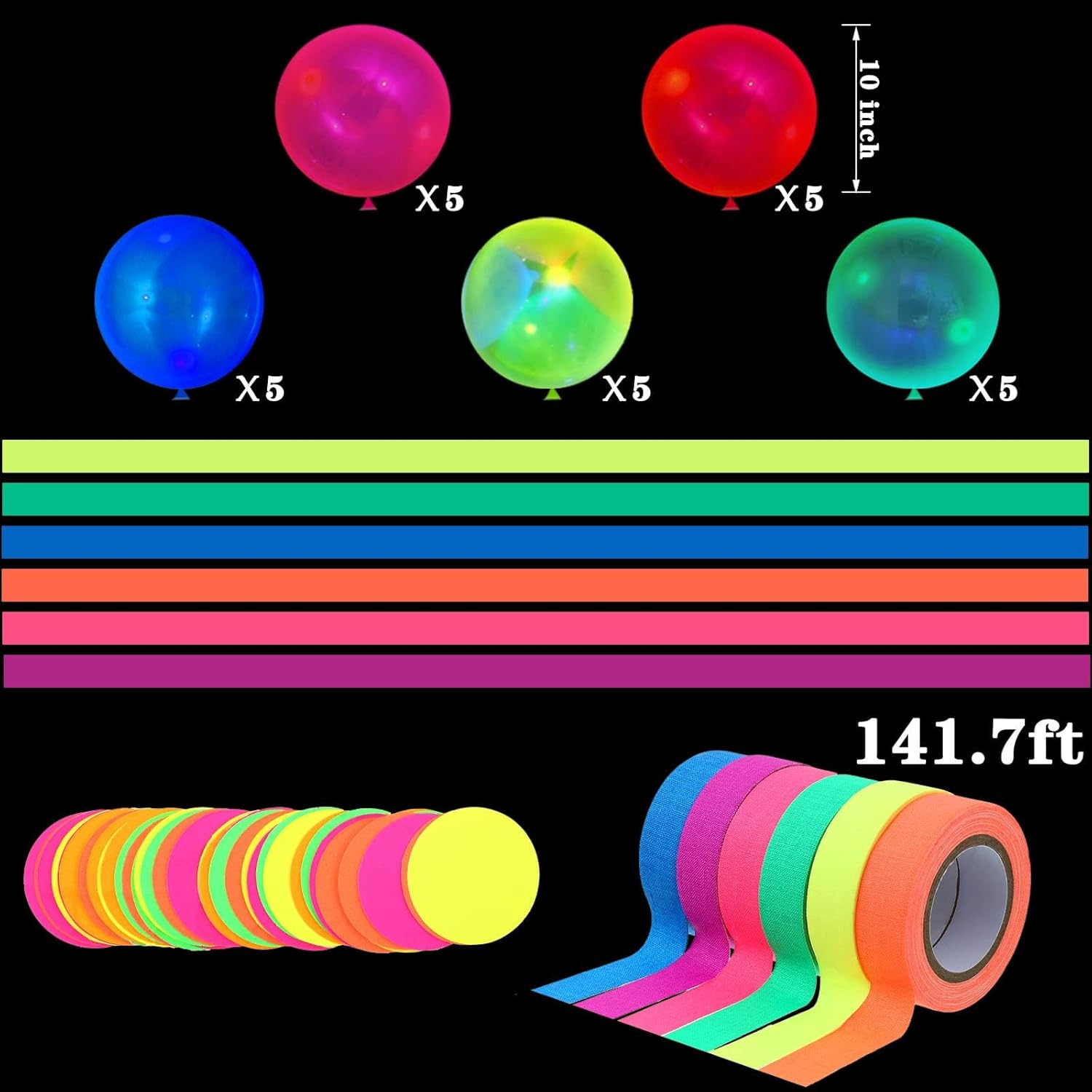 Glow Party Neon Party Supplies Includes 6 UV Blacklight Reactive Tape Luminous Tapes Neon Paper Garland Happy Birthday Banner 10 Hanging Swirls, 25 Fluorescent Balloons for Birthday Party Decorations image number 4
