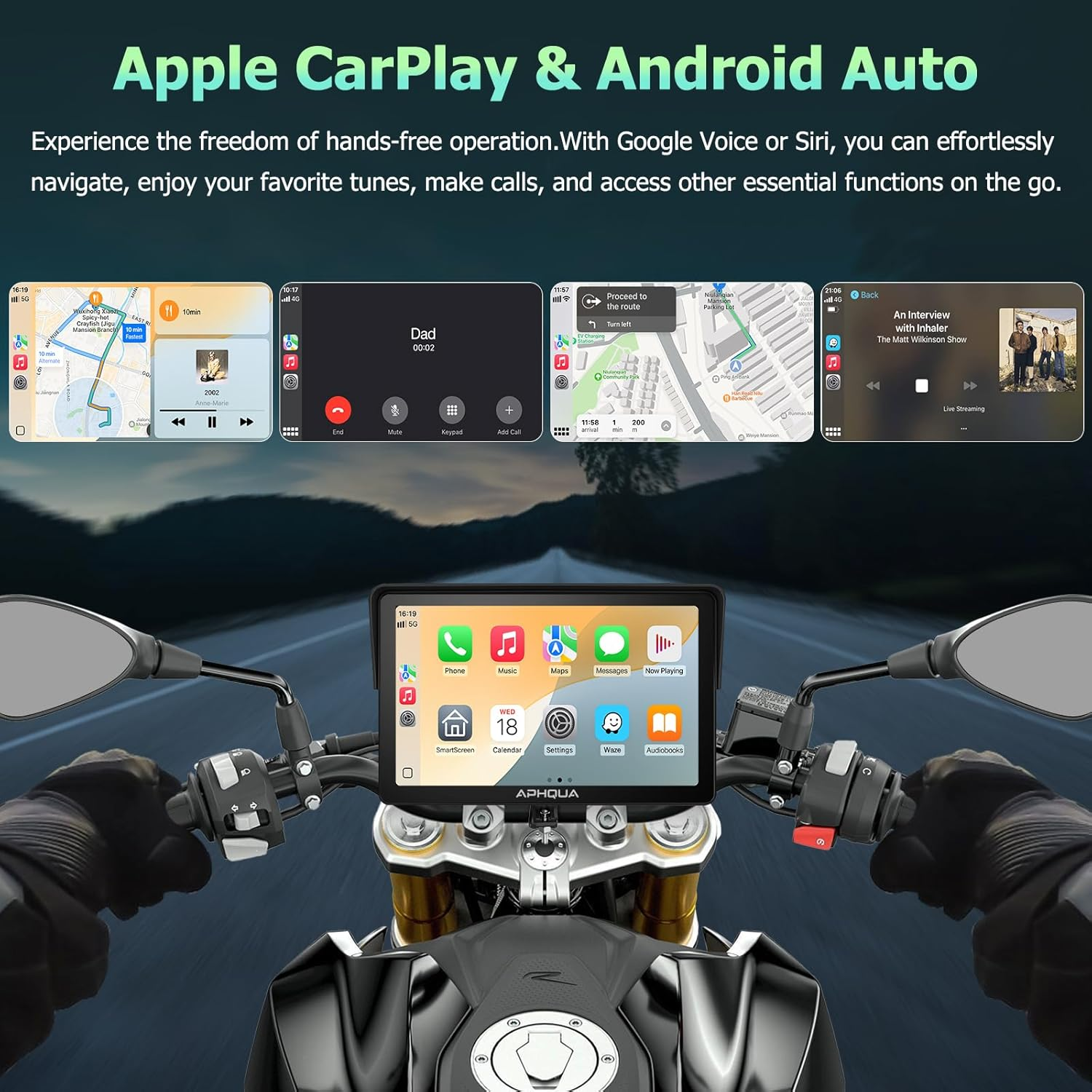 APHQUA Motocycle Carplay-7-Inch Motorcycle GPS Navigation System with Apple Carplay & Android Auto, Waterproof Touchscreen, Bluetooth, IP67 Waterproof for Motorbike, Support Siri & Google Assistant image number 5
