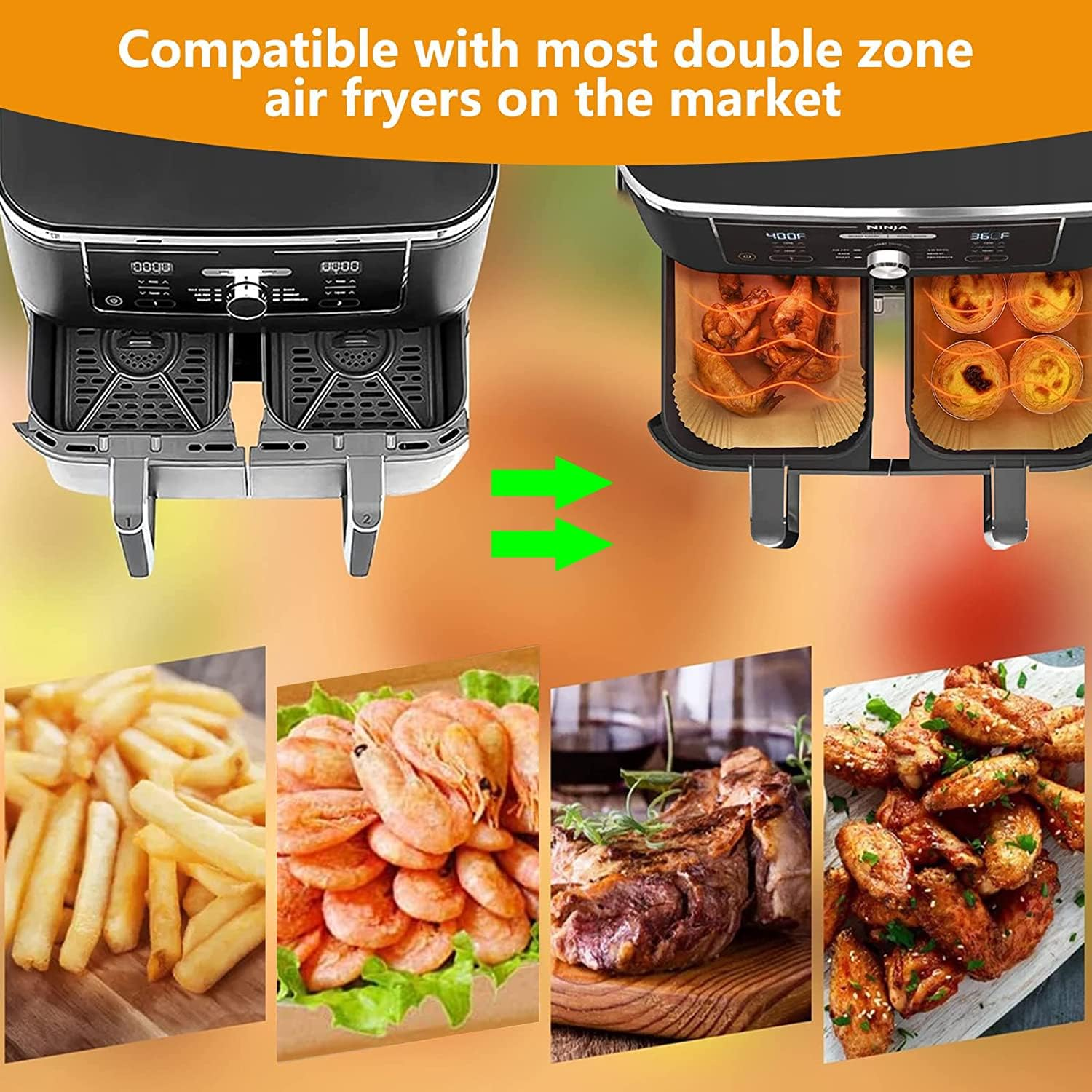 Air Fryer Disposable Paper Liner for Ninja Dual,100Pcs Non-Stick Air Fryer Liners Rectangle 8.6X5.5In,Compatible with Ninja AF300UK AF400UK, Salter and Other Dual Zone Air Fryer. image number 5