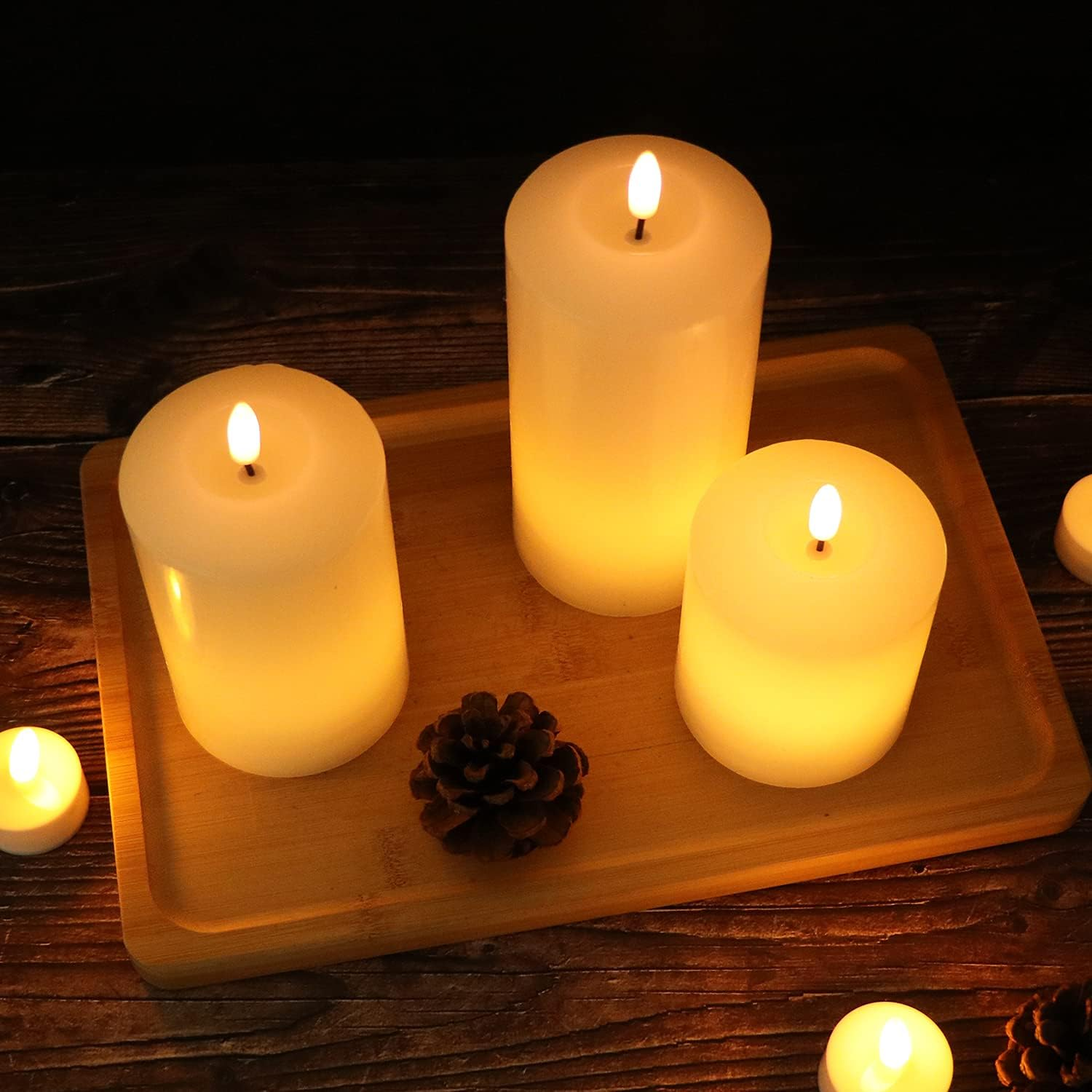 Genswin 3D Wick Flameless Flickering Candles Battery Operated with Remote Timer, Real Wax Pillar LED Votive Candles Warm Light, Set of 3 Party/Wedding/Home Decor(White, D3&rdquo; X H4.6&rdquo; 5.8&rdquo; 6.8&rdquo;) image number 1