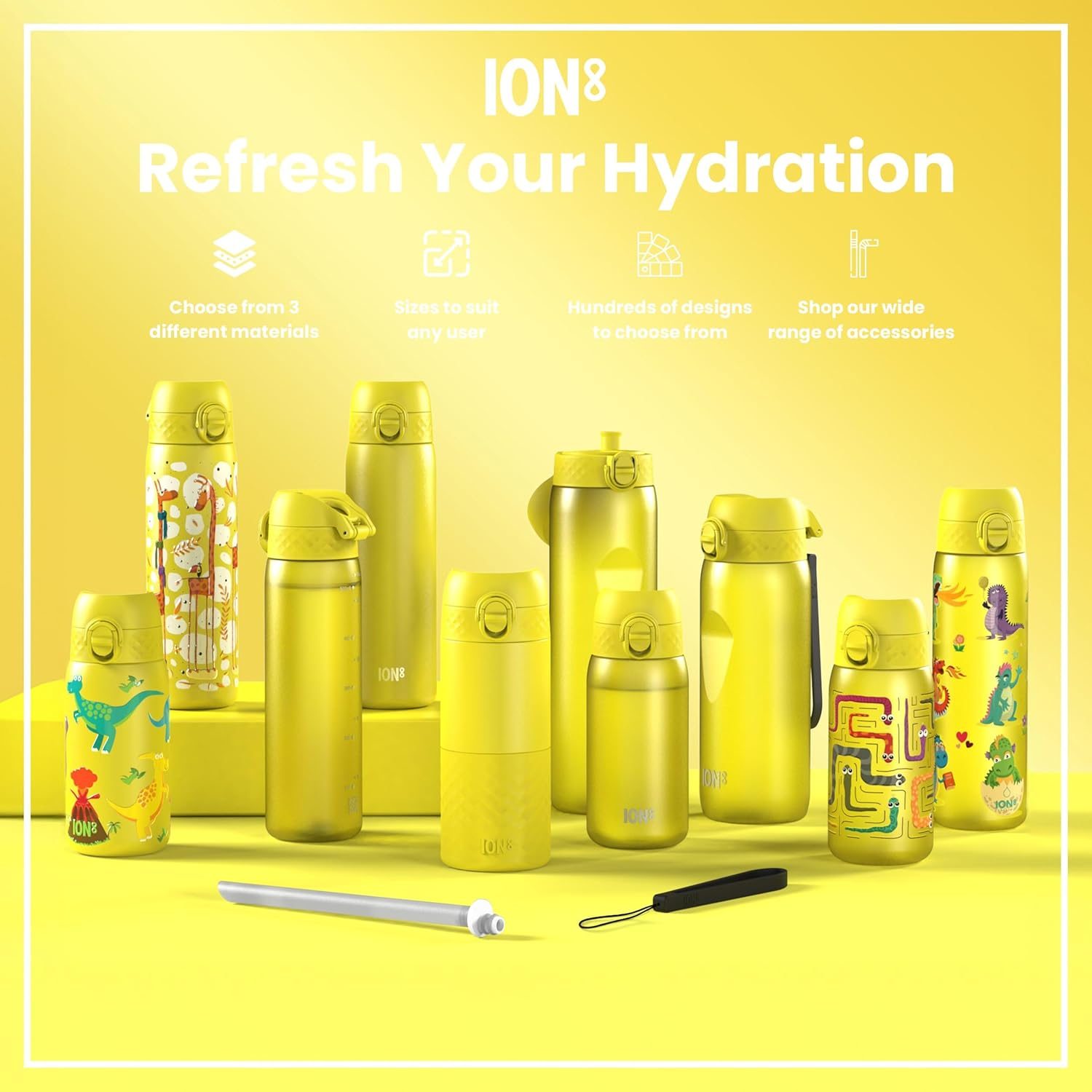 ION8 1 Litre Lightweight Stainless Steel Drinking Bottle, Non-Insulated, Leak-Proof, One-Handed Opening, Secure Locking, Dishwasher Safe, Hinged Lid, Carry Handle, Easy to Clean, Yellow