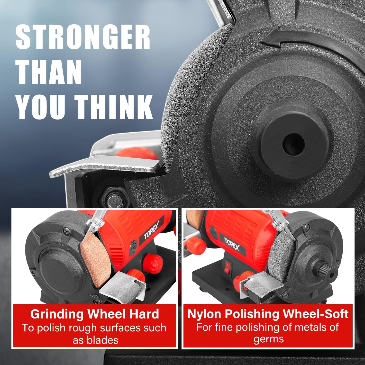 TOPEX 120W Bench Grinder Polisher W/ 2 Grinding Wheels& Adjustable Tool Rests& Eye-Protecting Shields& Static Wheel Guards, Multifunction Electric Polishing Grinding Engraving Buffing Machine image number 6