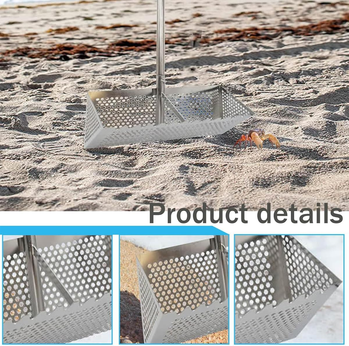 AIMALL Stainless Steel Sand Screen with Collapsible Handle for Crab Trap, Fishing Gear, and Beach Treasure Gathering, 15.75" X 7.87" X 7" image number 1