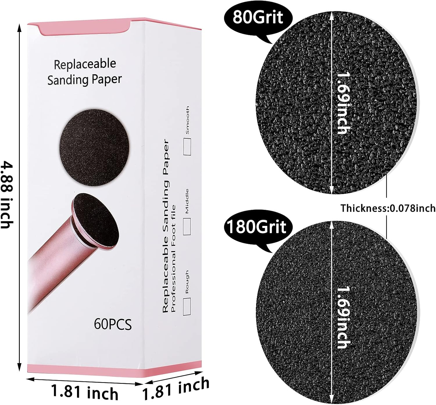 Maitys 120 Pcs Replaceable Sandpaper Discs Tip 2 Toe Refill Disks Replacement Sandpaper Pad Discs for Electric Foot File Callus Remover Dead Skin Calluses Removal (80 Grit,180 Grit) image number 4