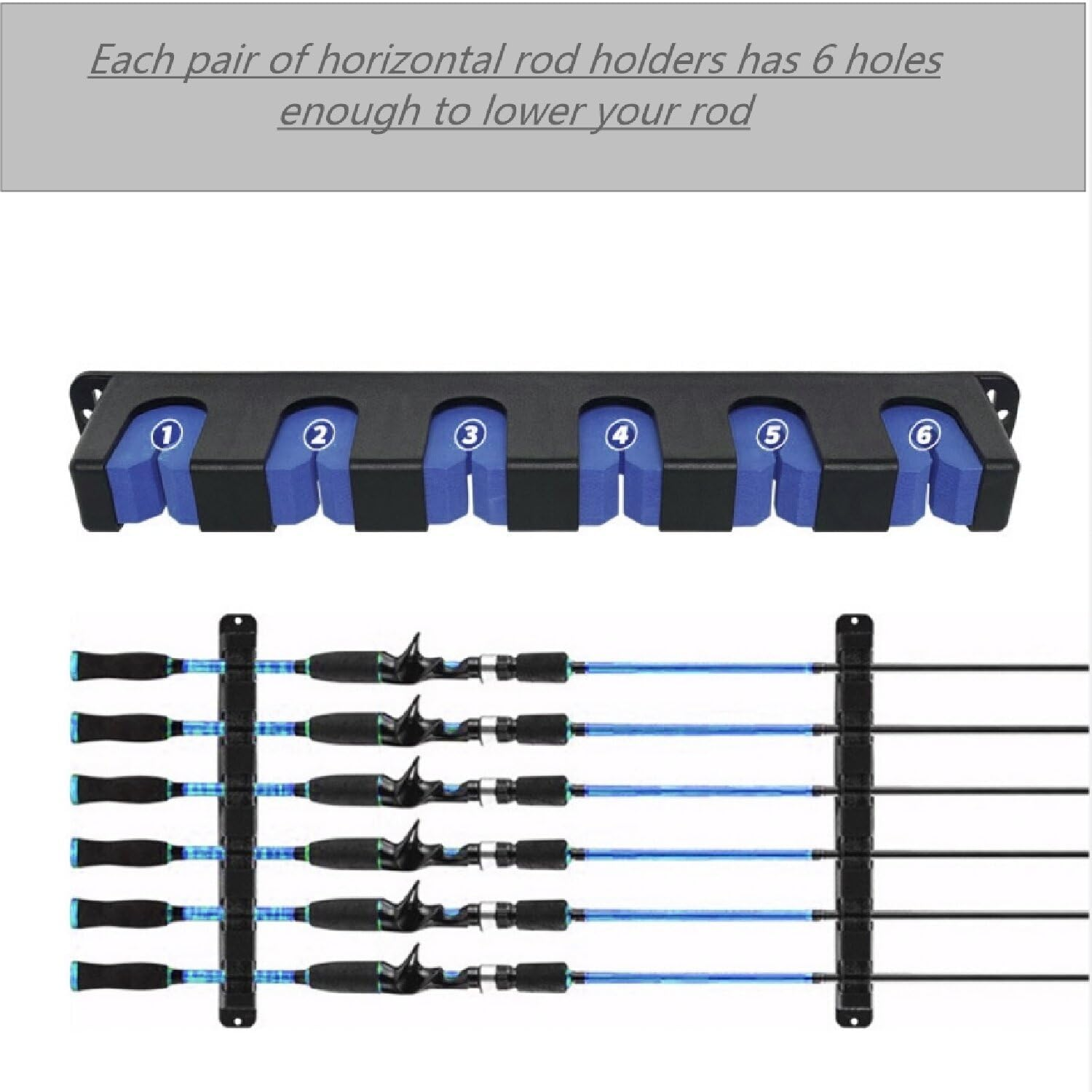 Hysgscwd 1 Pair Horizontal Fishing Rod Holder Wall Mount, 6 Rod Fishing Pole Holder, Fishing Rod Storage Fixed Stand, Wall-Mounted Fishing Rod Rack, Fishing Rod Storage Rack for Garage, Boat, Kayak image number 4