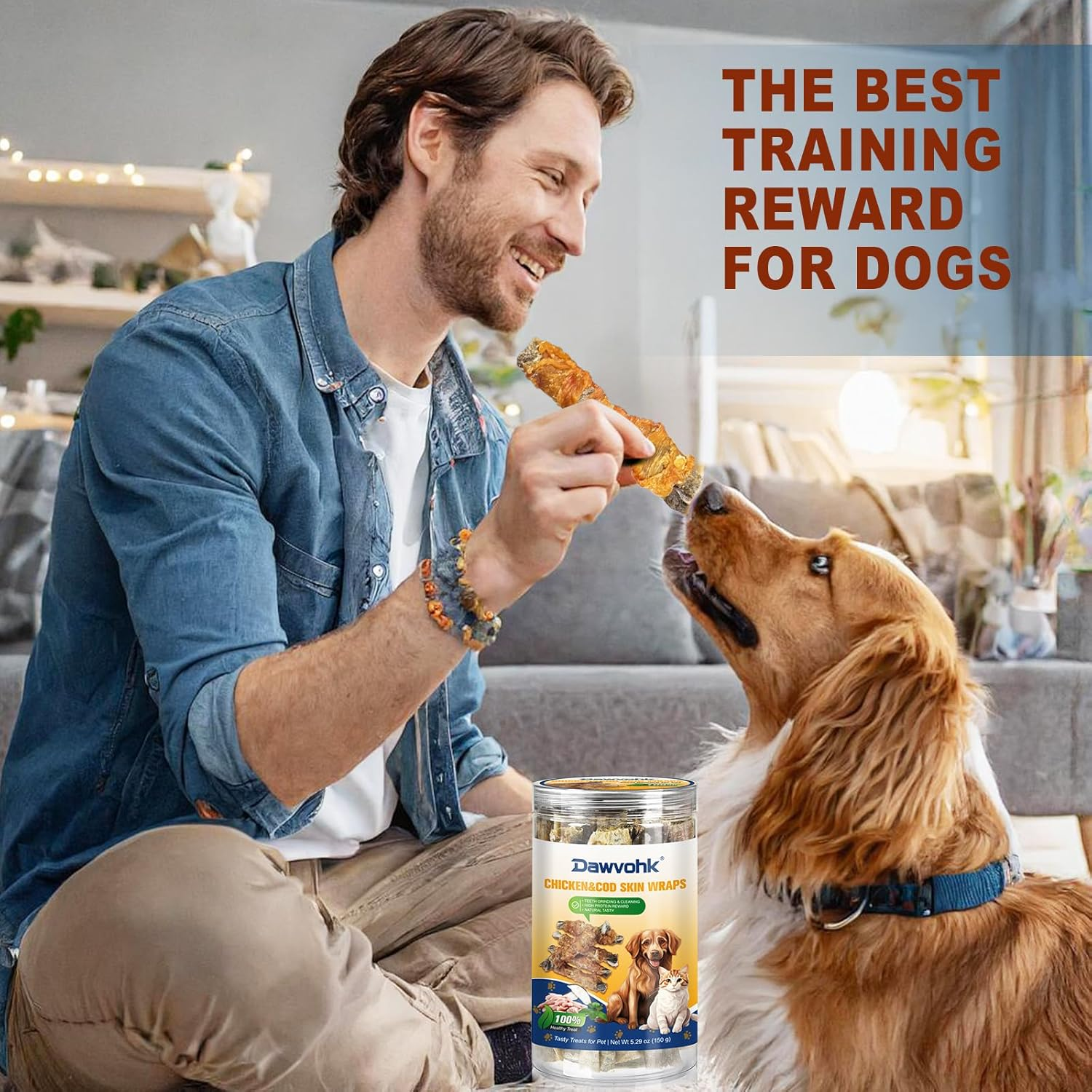 Chicken&Cod Skin Wraps Stick, High Protein Dog Treats, Healthy Chews Teeth Cleaning for Large Medium Small Pets No Additives & Preservatives (150Gram/5.29 OZ) image number 2