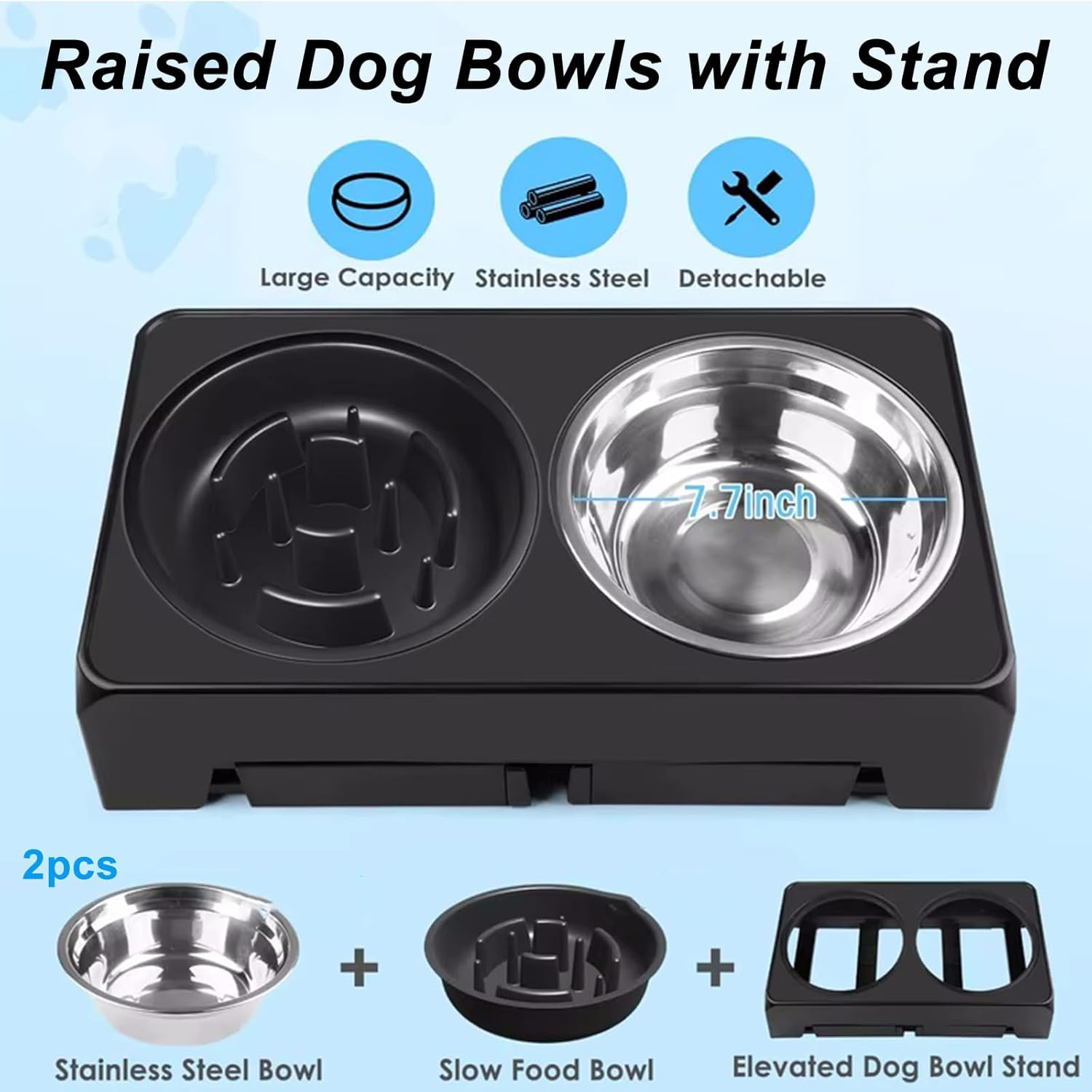 Raised Dog Bowls Metal Raised Dog Bowls with Adjustable Stand, 2 Stainless Steel Bowls, 1 Slow Feeder Bowl for Medium Large Dogs image number 1