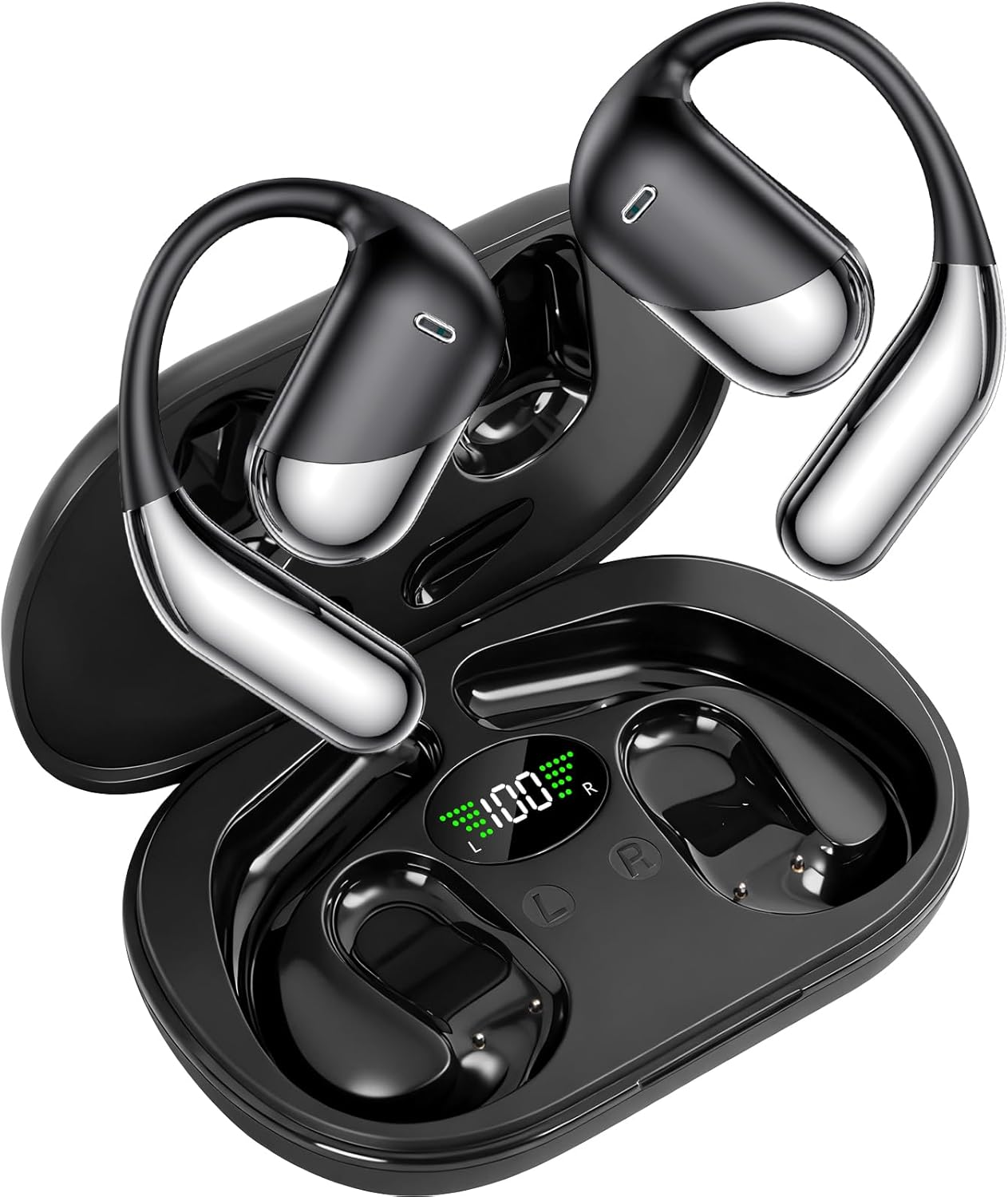 Open Ear Bone Conduction Headphones，,Over Ear Earbuds with Ergonomic Earhook,Bluetooth Headphones 5.4 with Smart Digital Display,50H Playtime,Ipx7 Waterproof,Touch Control Operate Fit Cycling Running