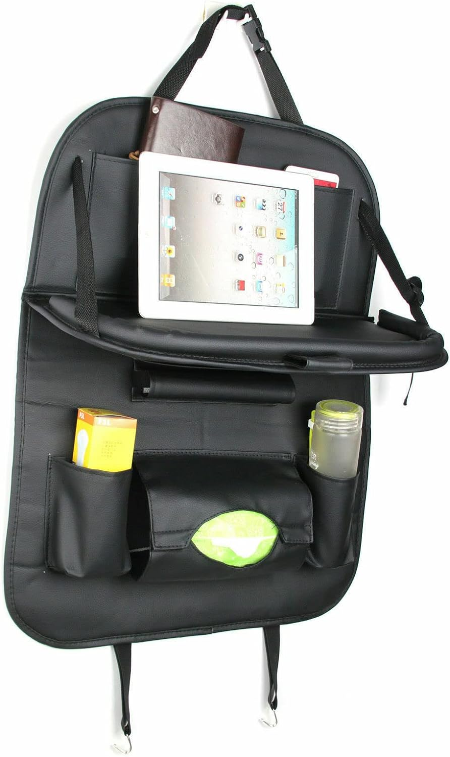 LEDON Foldable Car Back Seat Organiser Leather Storage Bag Table Tray Cup Holder Universal Auto Storage for Phones, Tablets, Water Bottles image number 2