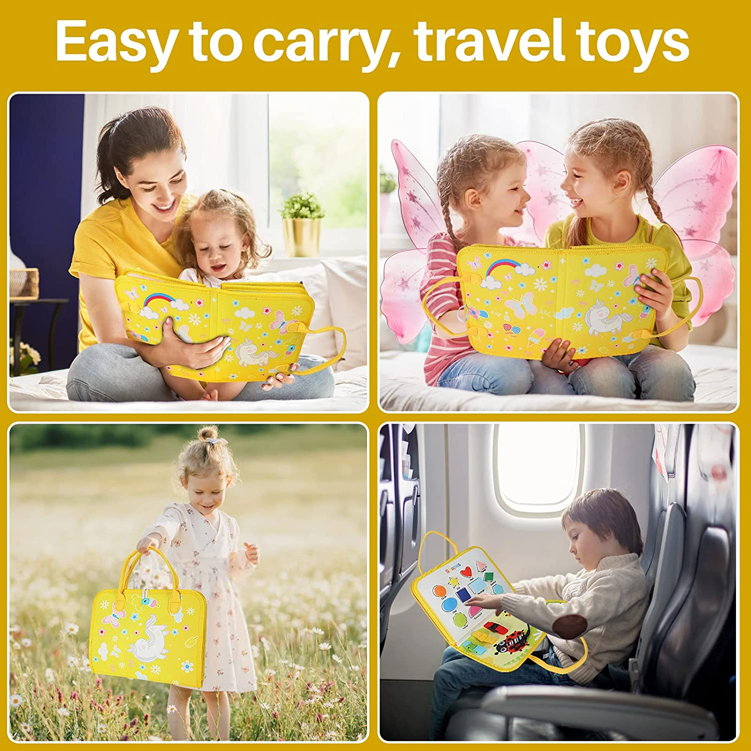 Coxedafi Busy Board for 1-5 Year Old Boys Girls, 5 Page Toddler Montessori Sensory Toys, Fine Motor Skills Learning Educational Preschool Travel Busy Book (Yellow) image number 5