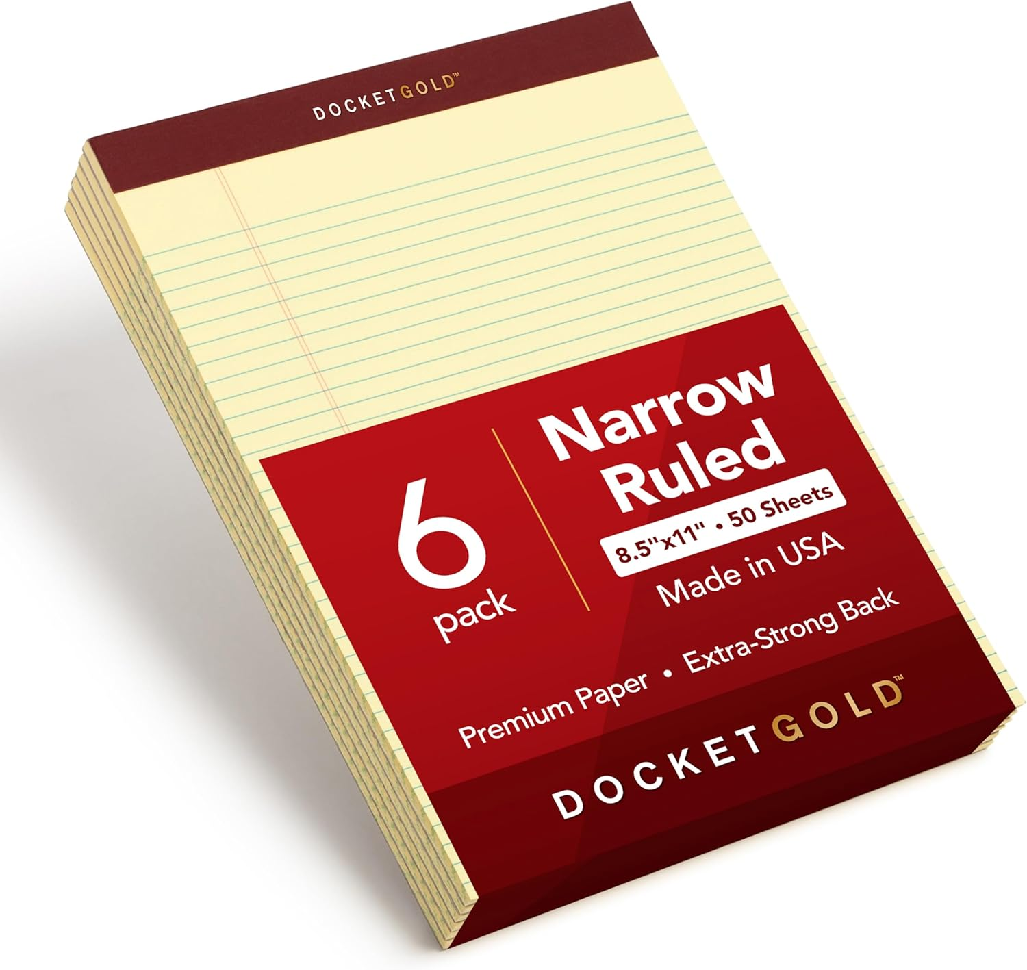 TOPS 8.5 X 11 Legal Pads, 6 Pack, Premium Docket Gold Brand, Narrow Ruled, Thick Yellow Paper, Sturdy Back, 50 Sheets, Made in USA (63941) - Jr. Legal, White image number 5