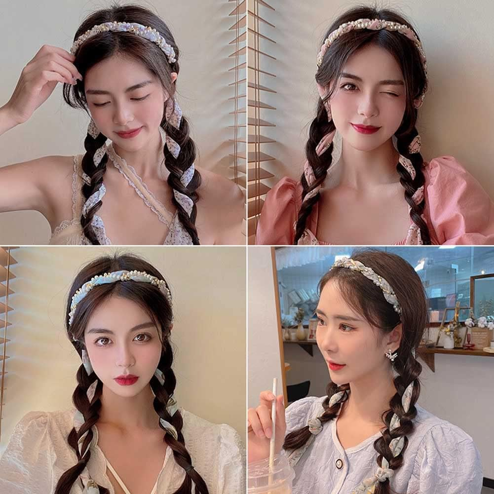 2PCS Retro Long Ribbon Headband, Magic Hair Clips for Women, Satin Fabric Hair Bands, Ribbon Scarf Headbands for Women, Non-Slip Cross Knotted Fabric Clip Hairband for Women image number 4