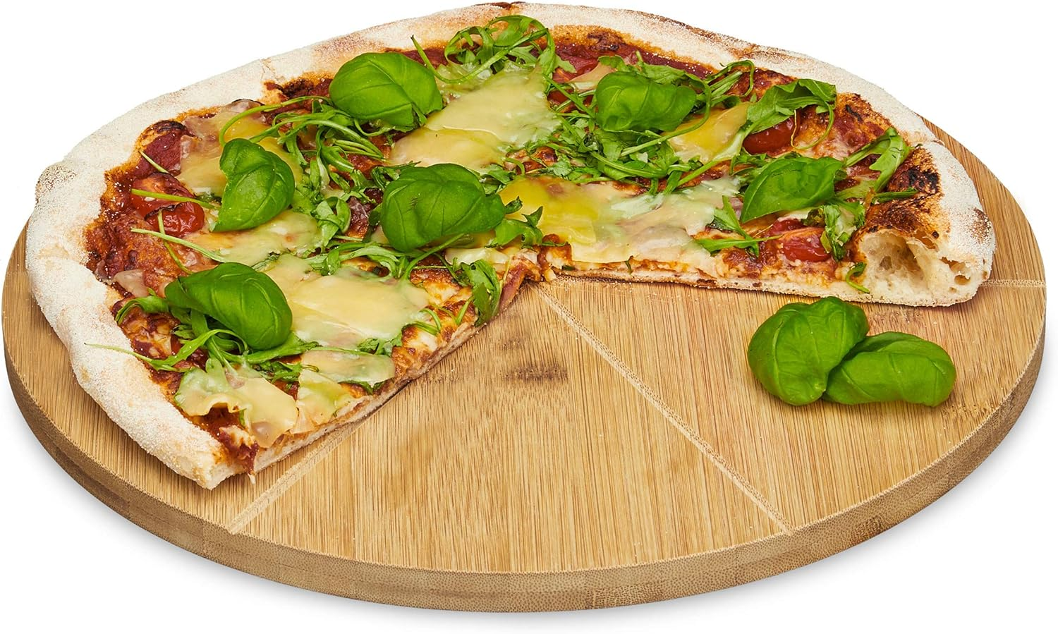 Relaxdays Bamboo Pizza Plate 33 Cm Diameter, Wooden Chopping Board, Cut-Resistant Pizza Board with 6 Compartments for Evenly Large Pieces, Wooden Plate for Pizza, Natural, 33 X 33 X 1.5 Cm image number 2