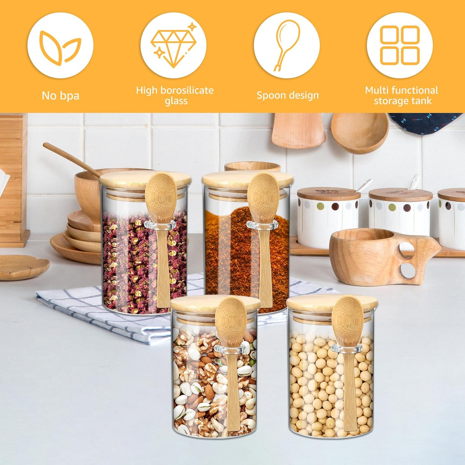 4Pcs Glass Jars with Bamboo Lids and Spoons 600ML Airtight Spice Jars Clear Glass Storage Jars Multipurpose Food Storage Containers Dishwasher Safe Glass Jars for Coffee Cereal Spices image number 5
