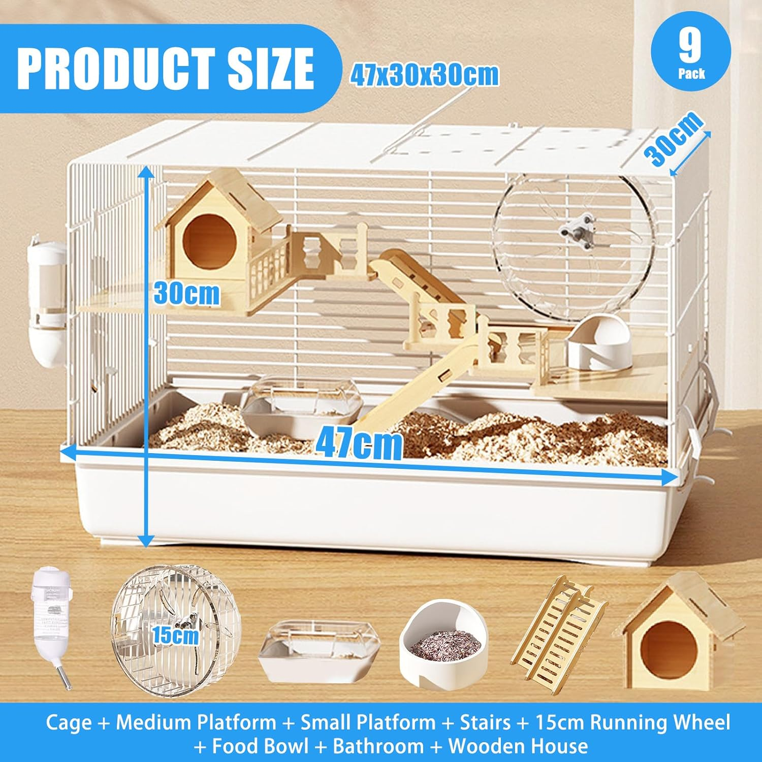 LIODUX 8 in 1 Hamster Cage, 2-Layer Luxurious Hamster House with Full Viewing, DIY Small Pet Playpen Kennel with Accessories, Habitat for Small Animals Pets (Large: 47X30X30Cm) image number 2