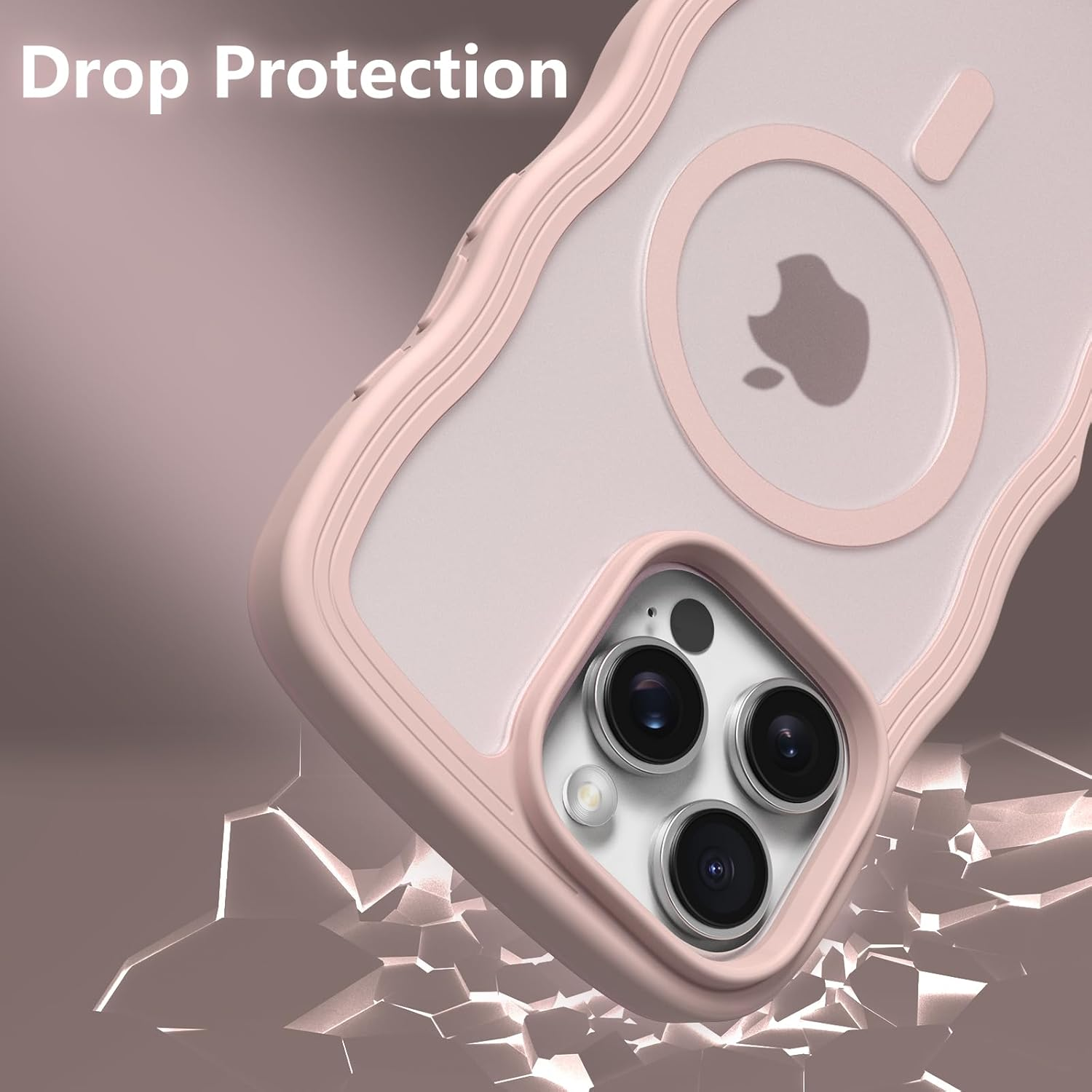 ZTOFERA for Iphone 16 Pro Magnetic Case, Wave Frame Curly Shape Translucent Slim Compatible with Magsafe Bumper Shockproof Protective Phone Cover, Pink