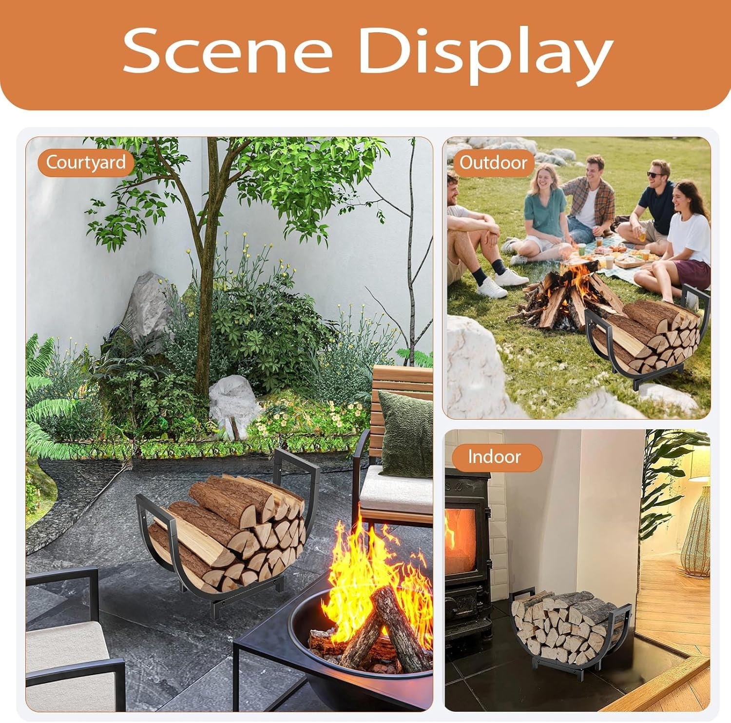 Firewood Rack Outdoor, Indoor Firewood Storage and Stable Log Holder, Firewood Rustproof Holder and Rustproof Metal Wood Rack for Fireplace Patio Deck Firepit