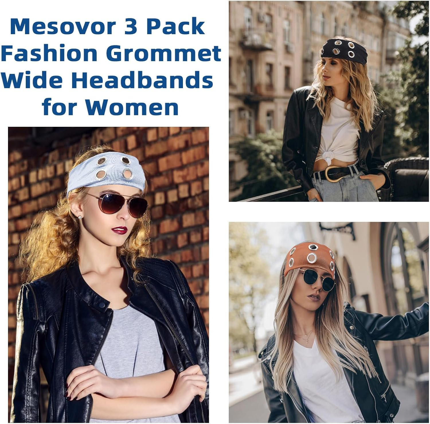 NICENEEDED 3 Pieces Fashionable Wide Headbands with Eyelets for Women Elastic Headbands with Hollowed Eyelets Punk Grunge Stretchy Headband (Black Coffee Light Grey) image number 2