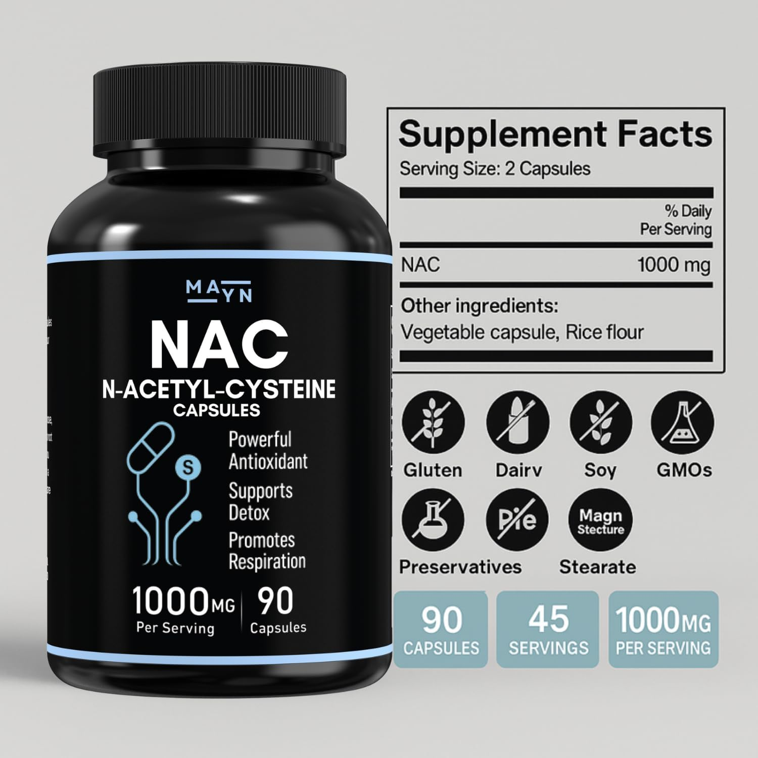 N-Acetyl-Cysteine NAC 1000Mg &ndash; Vegan Capsules | High Strength | Non-Gmo, Gluten-Free, No Fillers | Dietary Supplement by MAYN image number 5