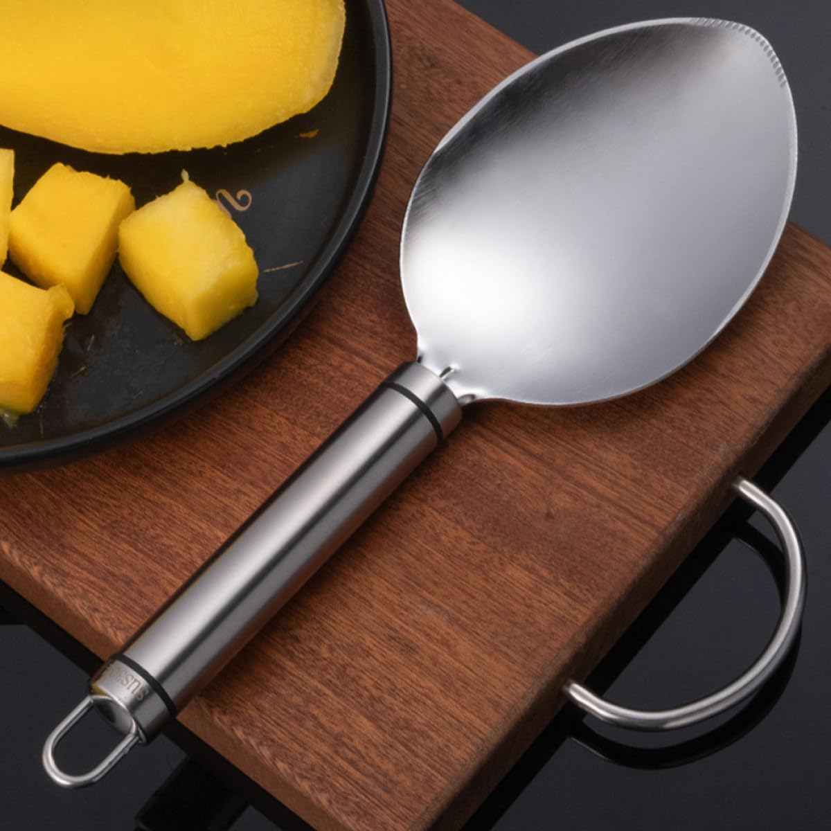 SEWACC 2Pcs Mango Prep Tool Set with 304 Stainless Steel Peeler, Dicer and Scooping Spoon for Skin Removal and Cubes Cutting, Kitchen Gadget for Home Fruit Preparation and Travel Use image number 3