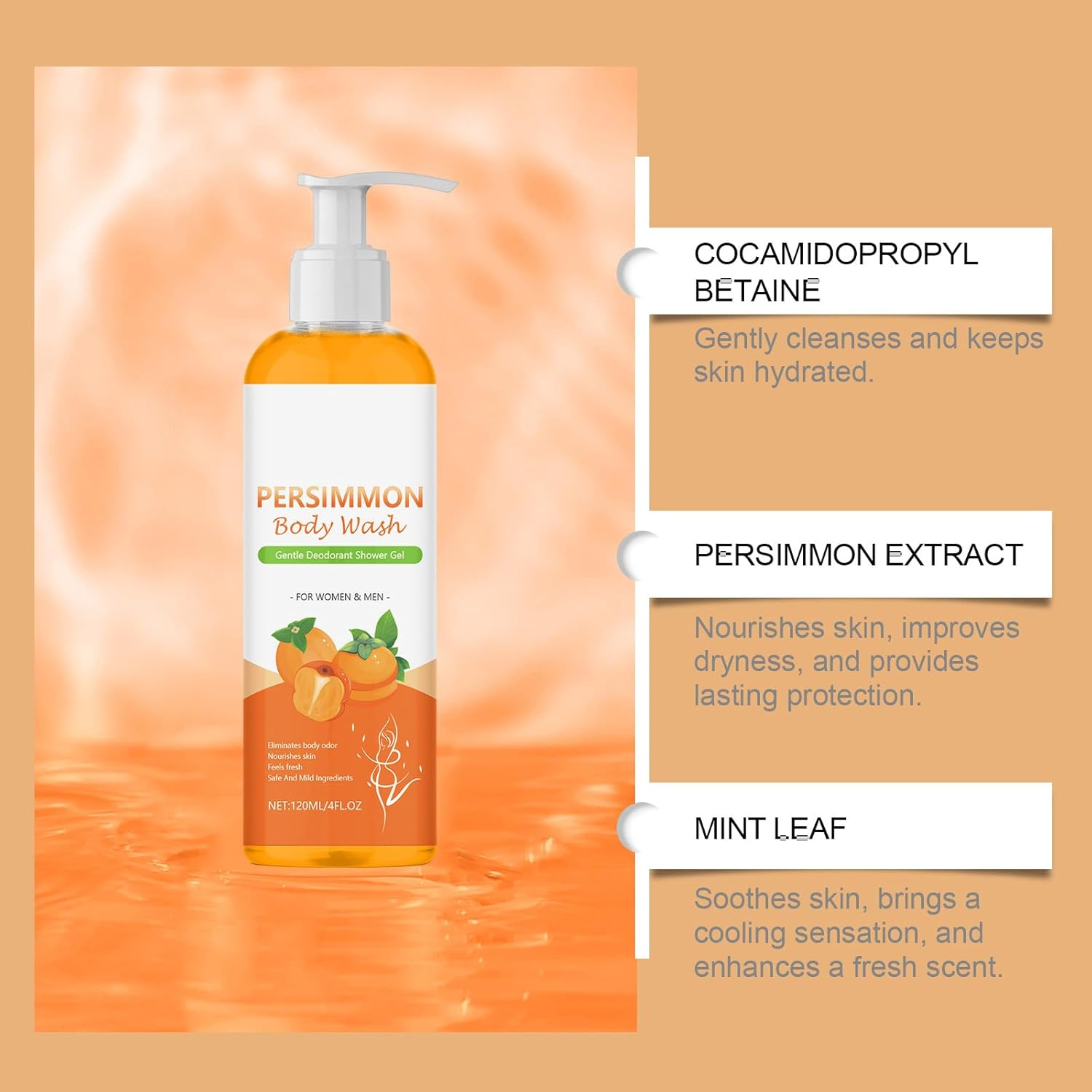 Persimmon Body Wash, Smell Eliminator Deodorant Shower Body Wash for Old People Smell, Moisturising Cleansing Body Deodorizing with Persimmon Extracts, Refreshining Skin (1Pcs) - 2Pcs image number 4