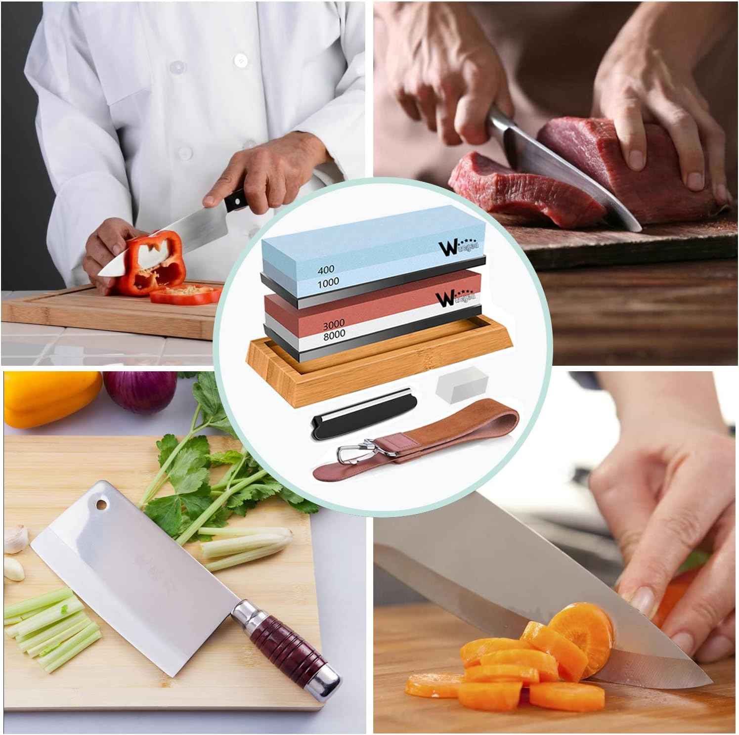 Wucgea Knife Sharpening Stone Kit - 400/1000 3000/8000 Grit Japanese Whetstone Sharpener Set with Non-Slip Rubber Base Angle Guide Flattening Stone and Leather Strop&hellip; image number 5