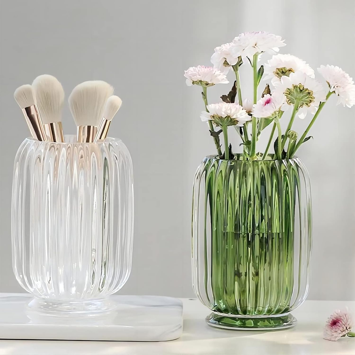 DASITON Makeup Brush Holder Organizer,Crystal Cosmetic Makeup Brush Glass Brushes Storage Holder,Vintage Make up Brush Cup Striped Vase(Green) - Amber image number 2