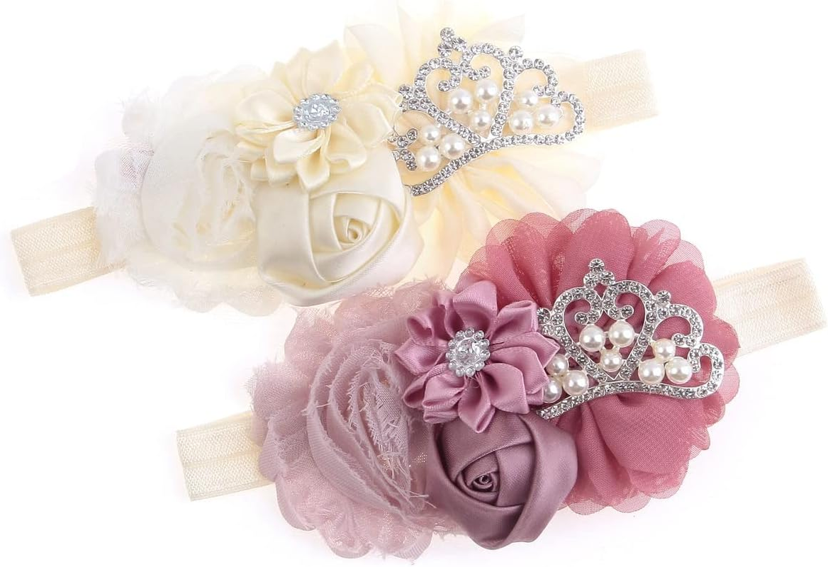 Nishine Baby Christening Headband Toddler Girls Fabric Flower Headband Tiara Stretchy Elastic in Pairs (Child, Ivory/Dusty Pink)