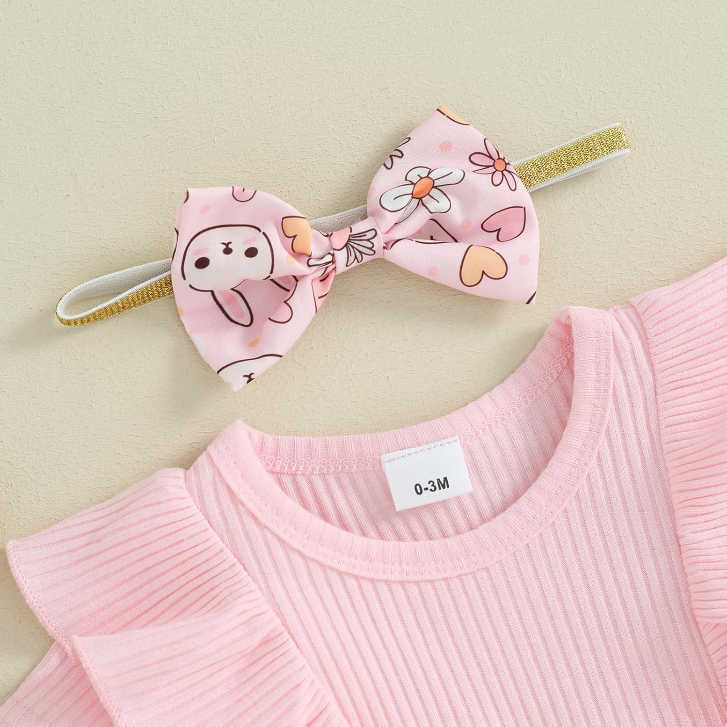 Newborn Baby Girl Easter Outfit Bunny Ruffle Short Sleeve Romper Dress with Headband Set Spring Summer Clothes image number 6