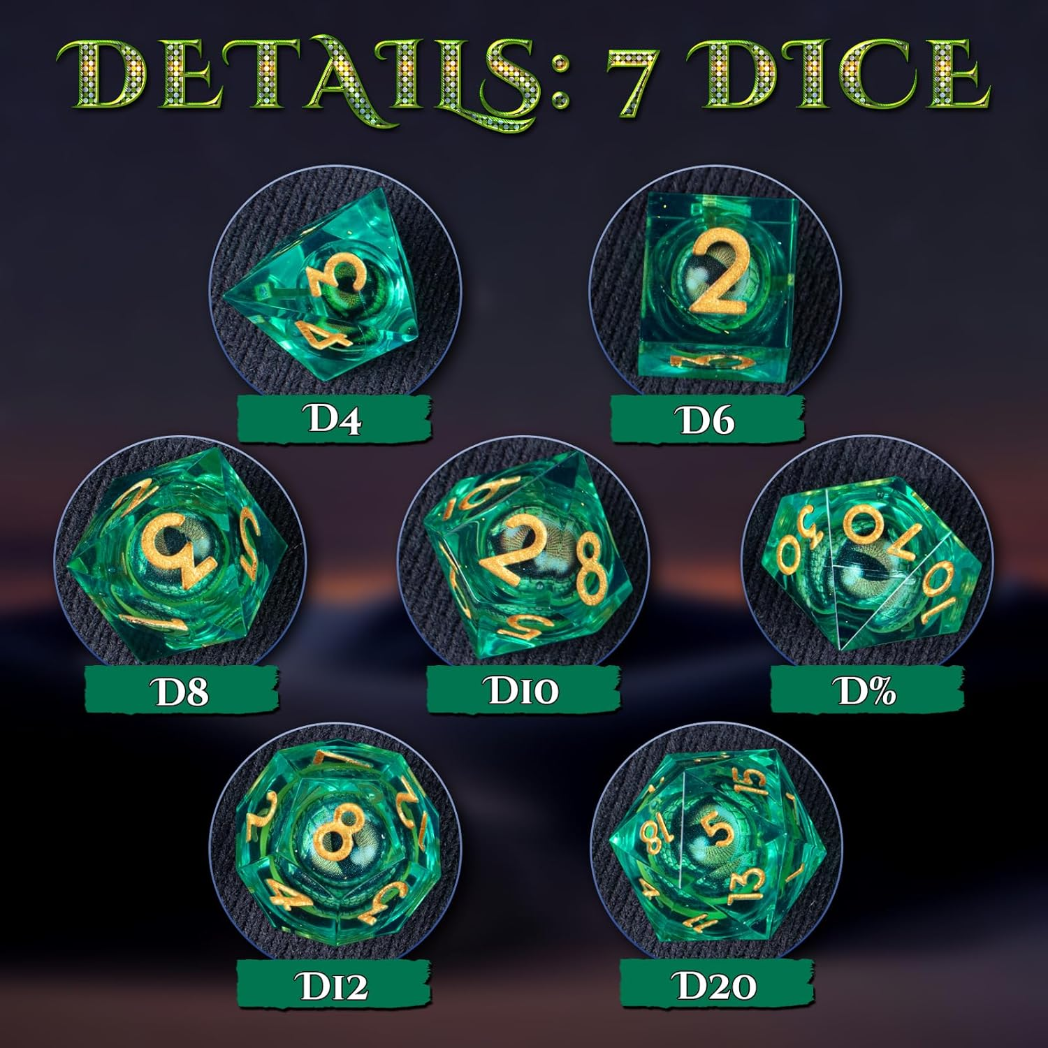 Byhoo DND Rotating Eye of the Dragon Dice Set,7 PCS Transparent Green Polyhedral Dice with Eye of the Dragon,D&D Dice Set for Tabletop RPG Board Games, D&D Enthusiast Dice Gift image number 5