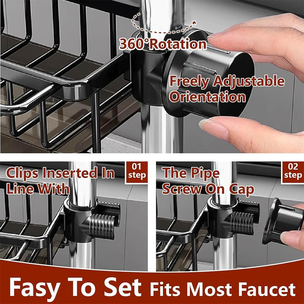 Kitchen Sink Faucet Organizer, Multifunction Sponge Holder for Kitchen Sink with Hook and Self Draining Tray,For Bathroom, Scrubbers, Soap, Work with 0.7-1.1Inch round Water Pipe (Right) image number 3