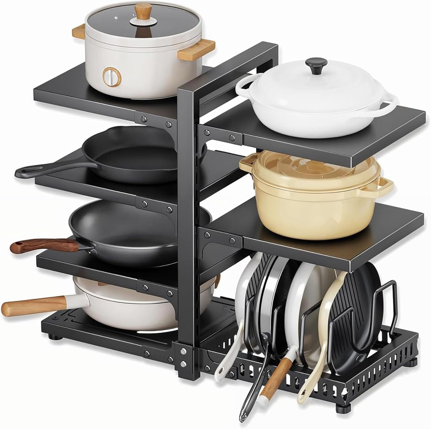 Heyinova Pots and Pans Organizer, 7-Tier Adjustable Pot Rack for Kitchen Cabinet Storage, Heavy Duty under Cabinet Pan Organizer (Black)