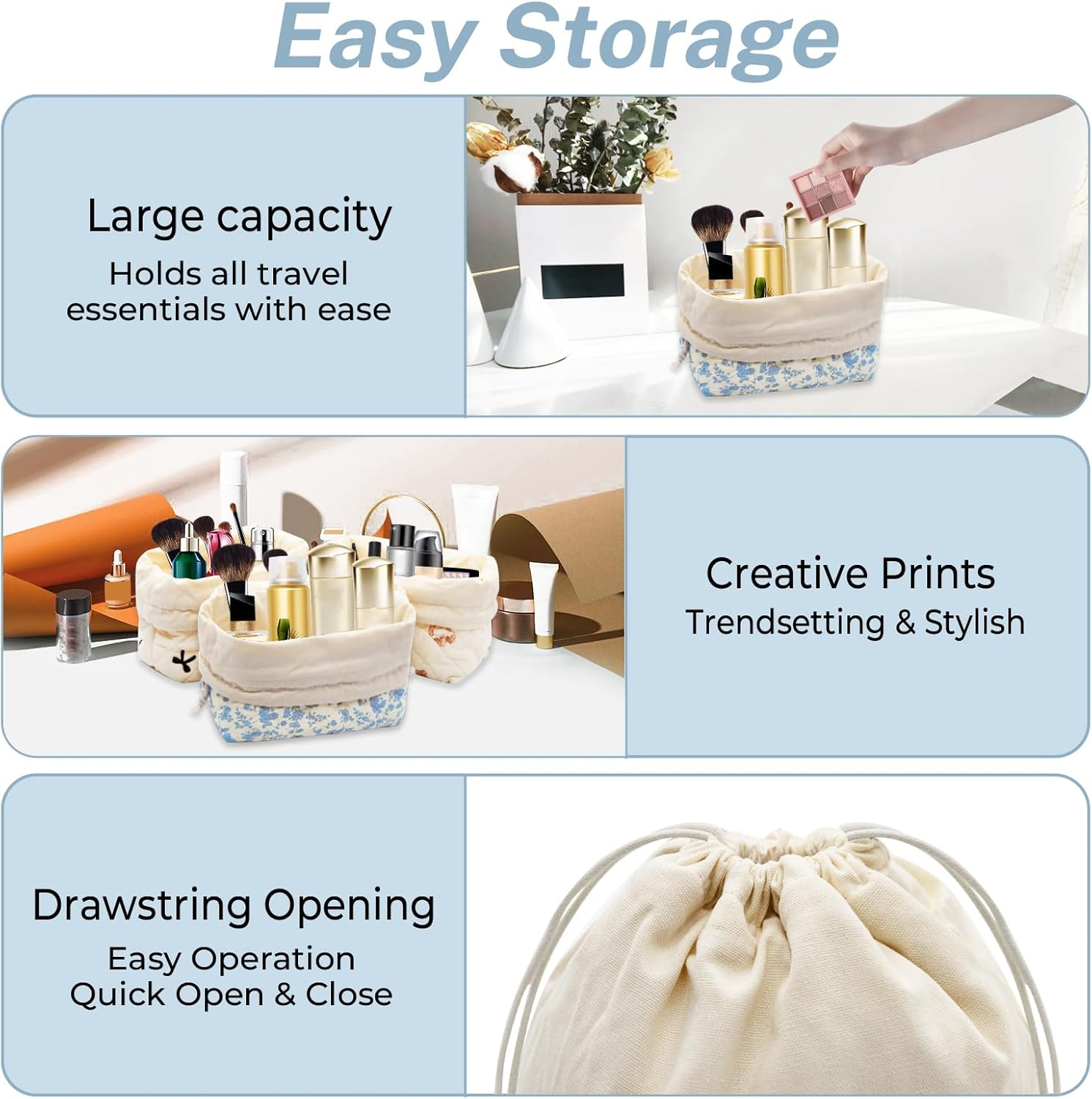 LJCZKA Makeup Bag with Drawstring, Small Quilted Cosmetic Bag, Cute Organiser, Cotton Toiletry Bag, Aesthetic Portable Travel Toiletry Bag for Women and Girls, Blue Flowers, Cute image number 2