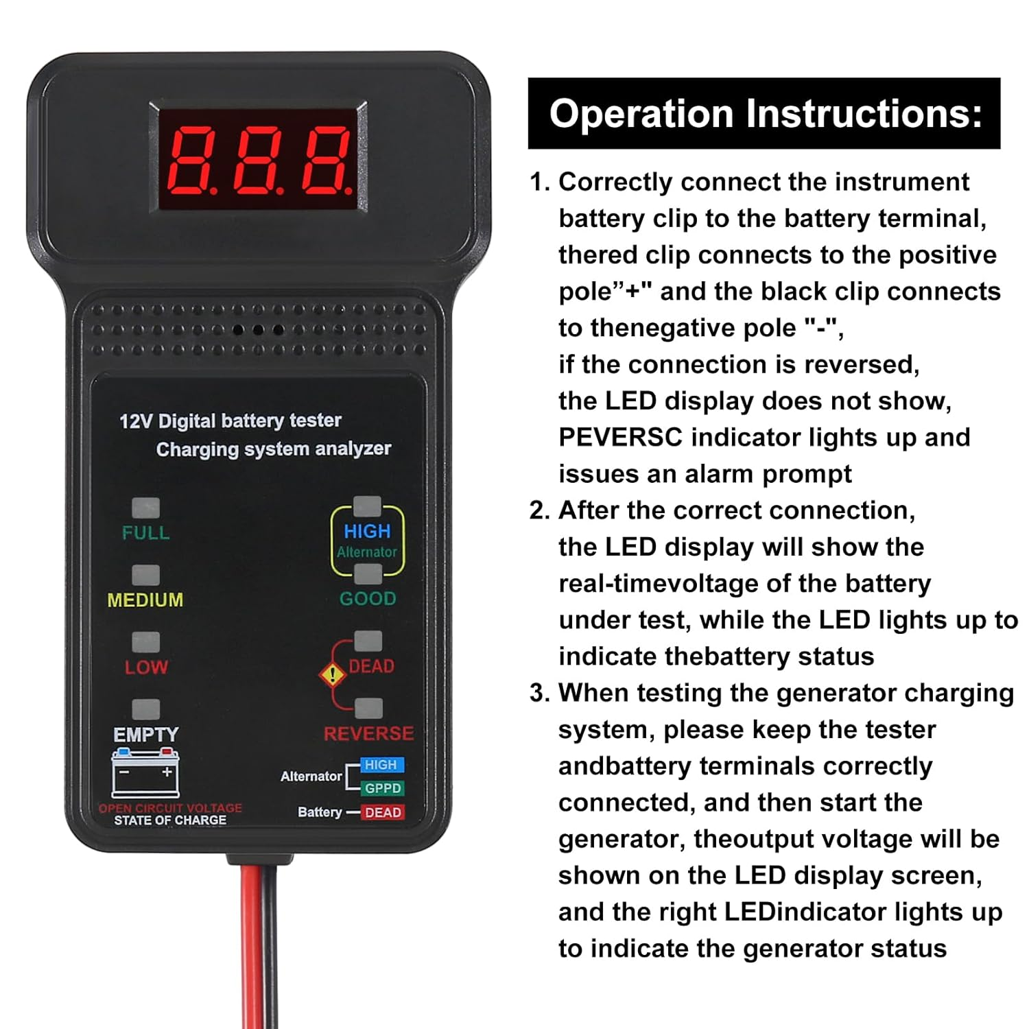 QCCAN Car Battery Tester, 12V Digital Automotive Batteries Tester, Alternator Charging Analyzer, Voltmeter with LCD Display and LED Indication for Car Truck Motorcycle Electrical Tools image number 4