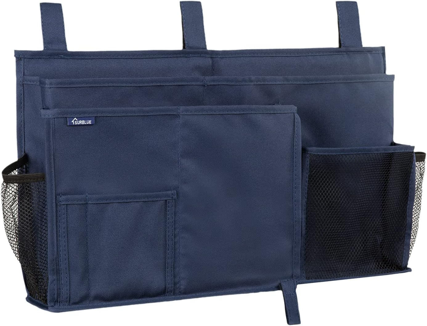 Surblue Bedside Caddy Hanging Bed Organizer Storage Bag Pocket for Bunk and Hospital Beds, College Dorm Rooms Baby Bed Rails, Camp 4 Pockets and 2 Hooks (Blue)