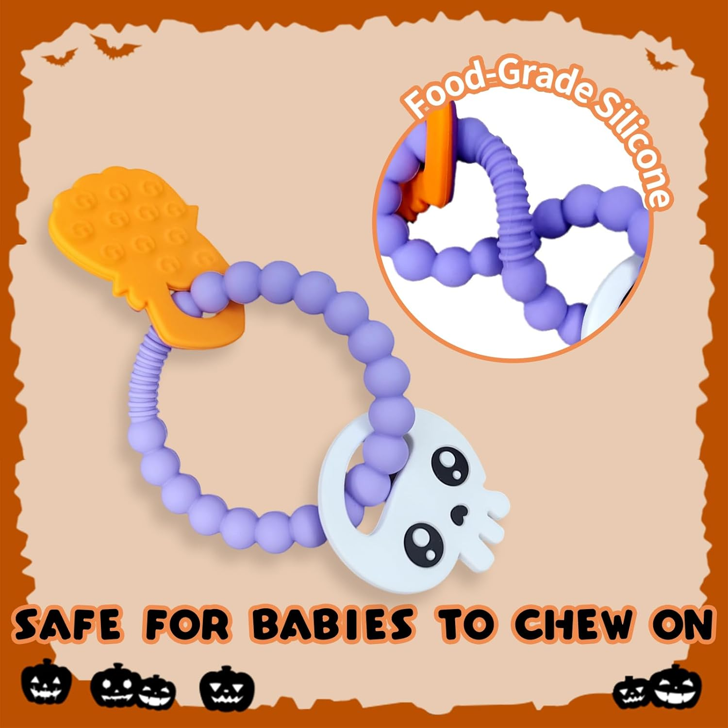 NNAKLLI Halloween Baby Teething Toys, Food Grade Silicone Teether for 3-12 Months, Textured Sensory Chewing Ring for Infants & Toddlers, Boo Basket Stuffer, Great for Baby&rsquo;S First Halloween (Pumpkin & Skeleton) image number 5