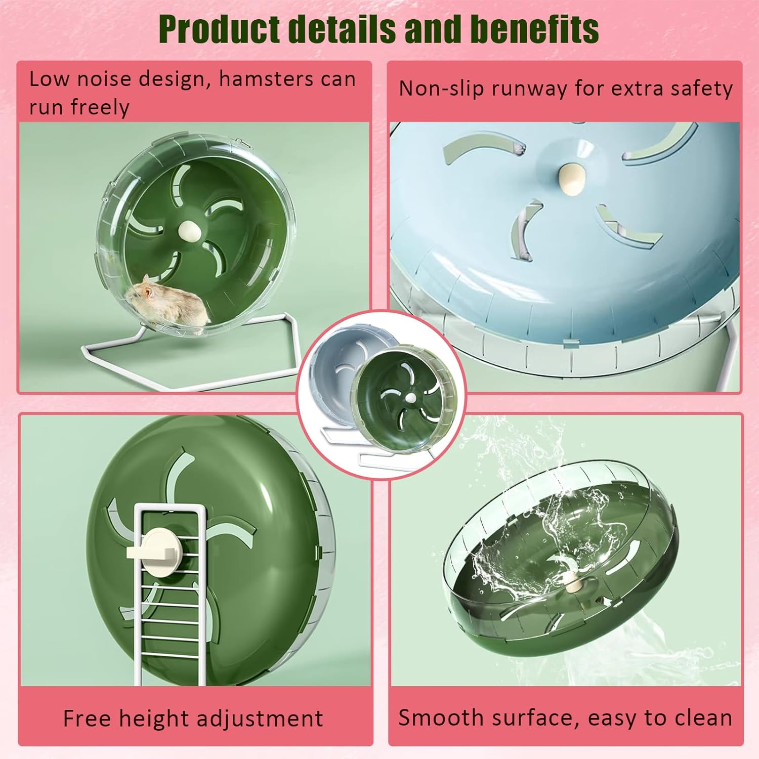 Wumuzai Hamster Wheel Silent, 8.3 Inch Large Gerbil Hedgehog Wheel, Adjustable Stand Quiet Spinner Syrian Hamster Running Wheels for Chinchilla Dwarf Pet Small Animals Cage Exercise, Green - Green image number 4