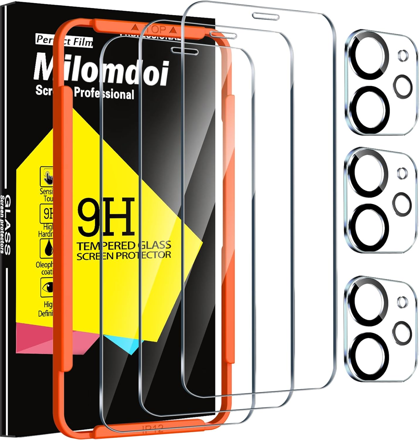 Milomdoi 3 Pack Screen Protector for Apple Iphone 12 with 3 Pack Tempered Glass Camera Lens Protector, Ultra 9H Accessories, Case Friendly, Mounting Frame, 2.5D Curved, Transparent image number 4