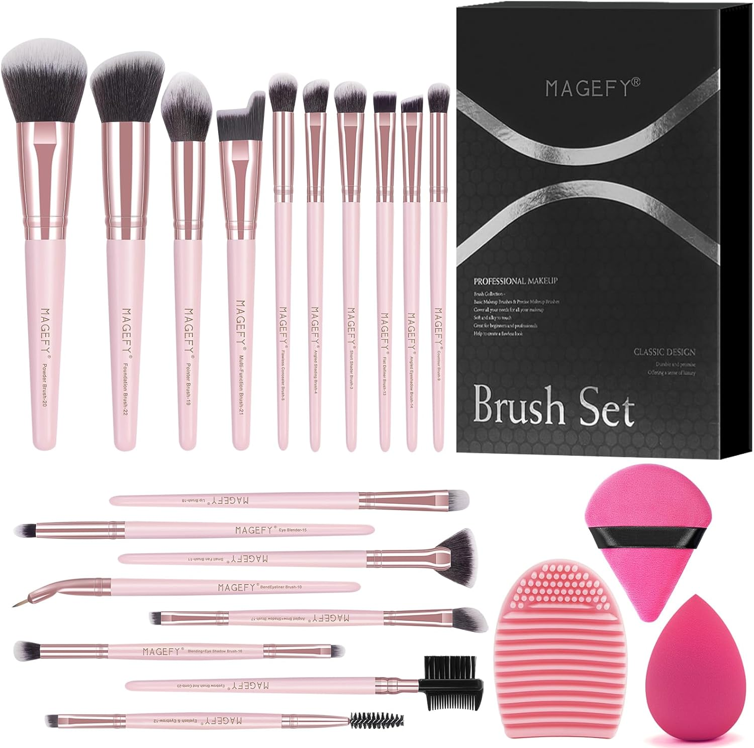 MAGEFY 18 Pcs Makeup Brushes, Premium Synthetic Make up Brushes Foundation Powder Concealers Eye Shadows Makeup Brush Set(Pink)