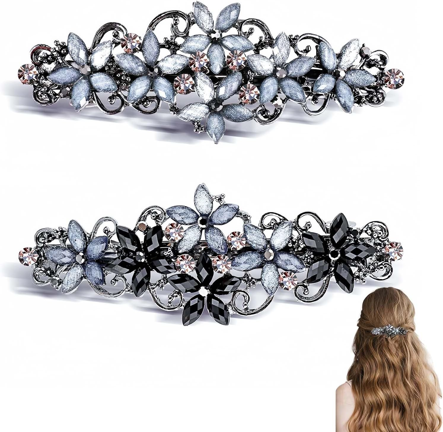 2 Pieces Elegant Hair Clips for Women and Girls - Crystal Flower Glitter Clip and Exquisite Vintage French Hair Accessories (Black Blue/Blue) image number 1