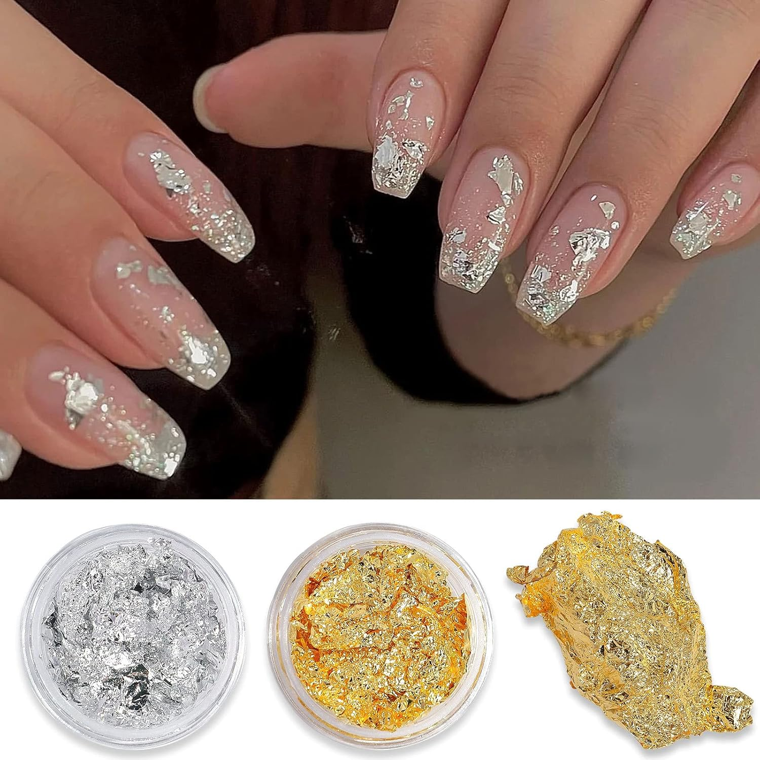 YIGZYCN 2 Boxes Gold Silver Foil Art Decoration Sticker Irregular Foil Sticker Paper 3D Flake Manicure image number 6