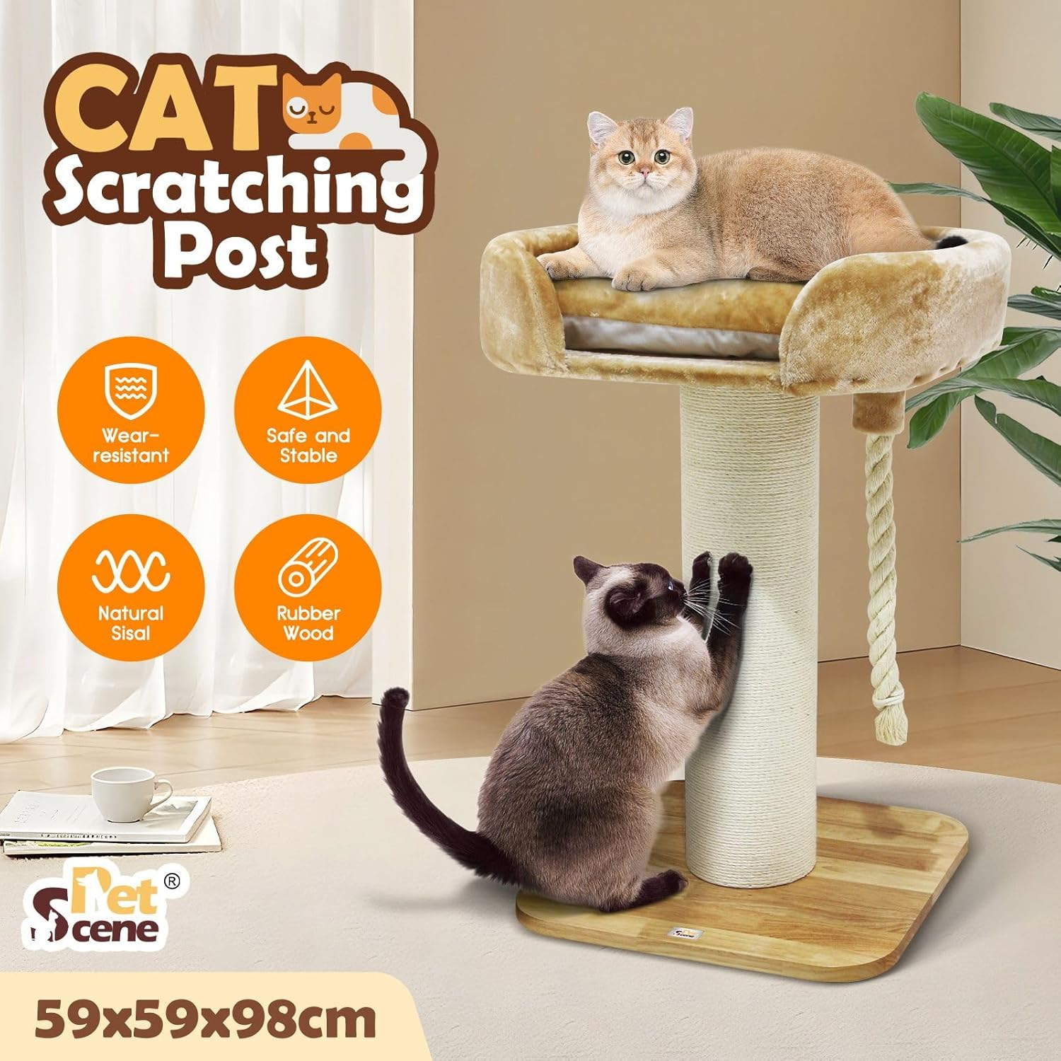 Pet Scene 98Cm Tall Cat Scratching Post Perch Bed Kitten Climbing Tower Tree Play Gym Scratcher Wooden Pet Furniture House Stand Dangling Sisal Rope