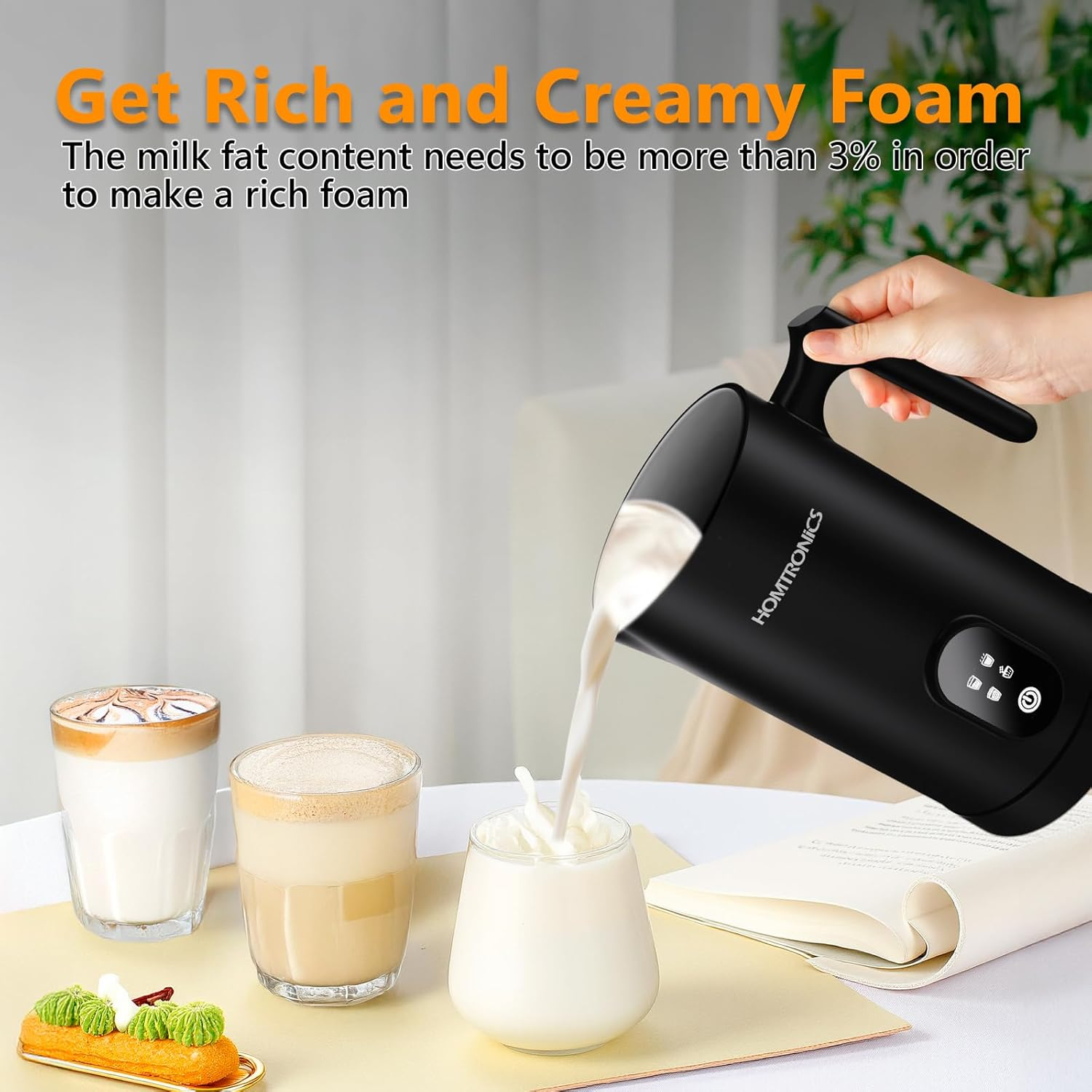 Milk Frother, [New Upgrade] 14.54Oz/430Ml Homtronics 4 in 1 Electric Milk Frother, Automatic Coffee Steamer Frother, Cold & Hot Foam Maker for Frothing Milk, Latte, Cappuccino, Macchiato-Black image number 3