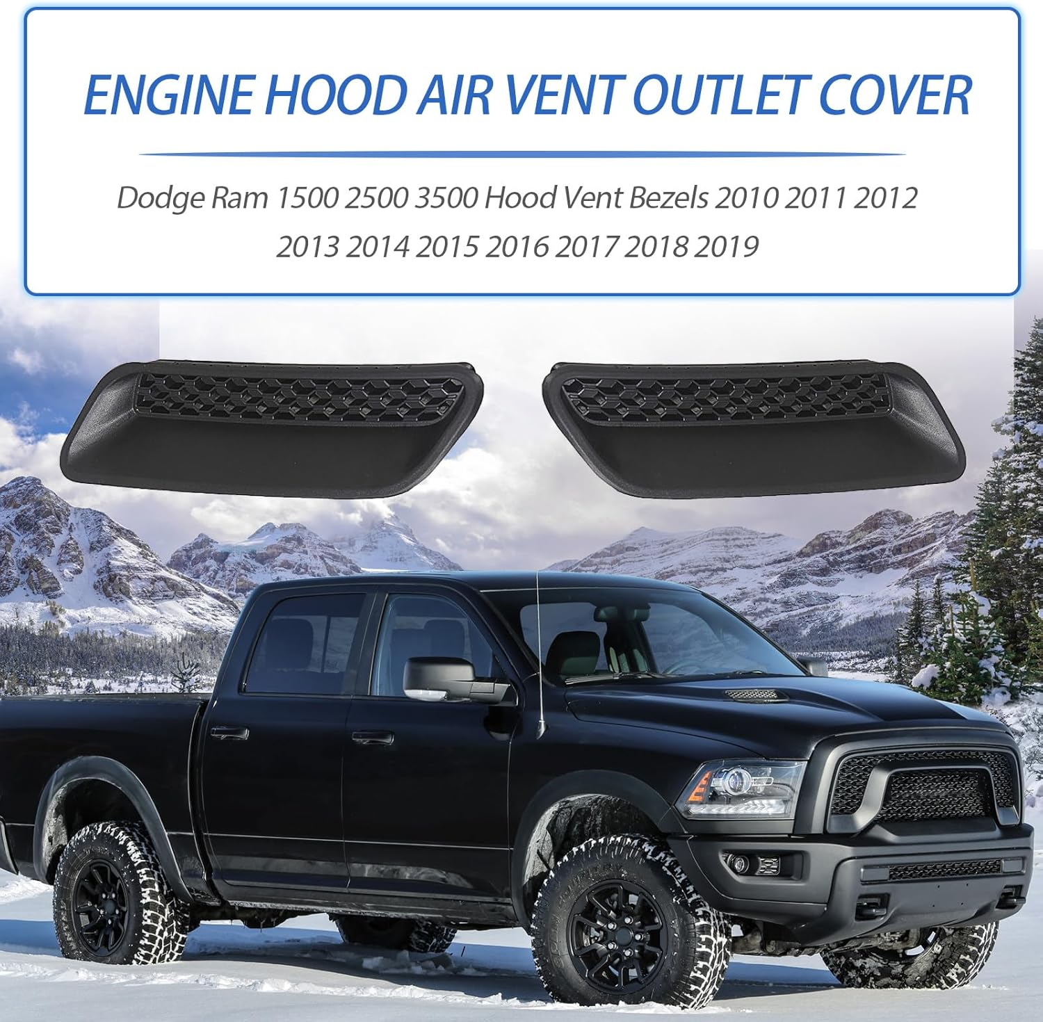 UOIENRT 2Pcs Engine Hood Air Vent Outlet Cover Trim, Left and Right Hood Vent Covers Replacement for Dodge Ram 1500 2500 3500 2010-2019, Replaces 68324991AA 68324990AA (Black) image number 1