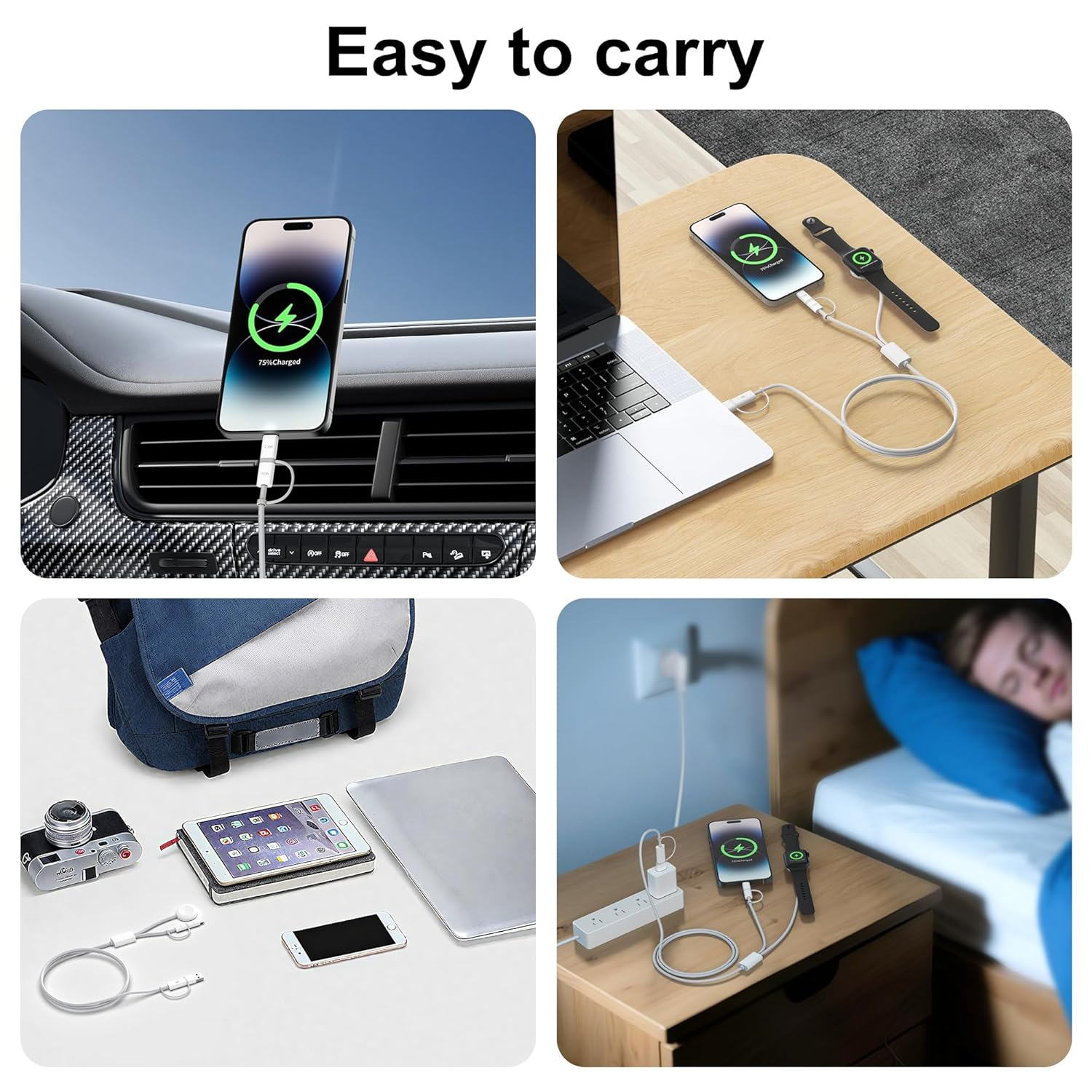 Zumyzu for 3 in 2 Apple Watch Magnetic Charger, Fast Charging to Usb-C/Lightning/Usb-A Multi Cable Cord 1.5M, Compatible with Iwatch Ultra/Series 11-1 Charger&Iphone Cable&Type-C Phones Cable