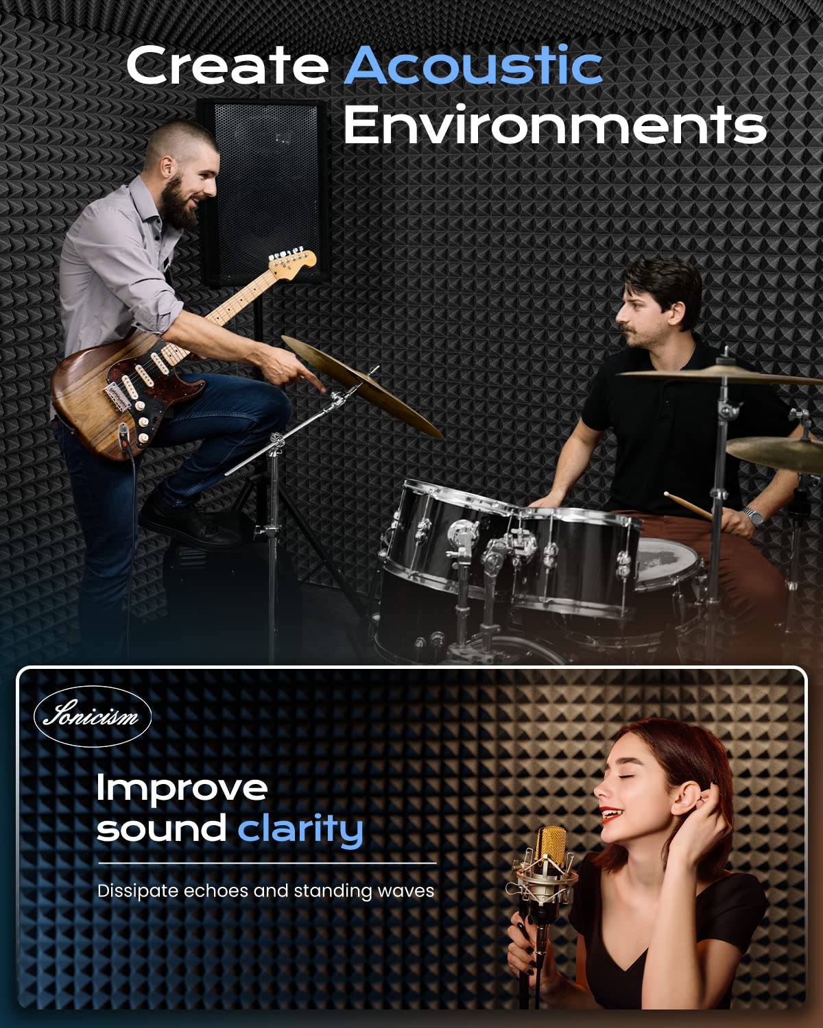 Sonicism 12 Pack Pyramid Sound Proof Foam Panels with Self-Adhesive,12'' X 12'' 1'' Acoustic of High Density,Soundproof Wall Fast Expand,Sound Absorption and Decoration (Black),(Wf008) image number 2