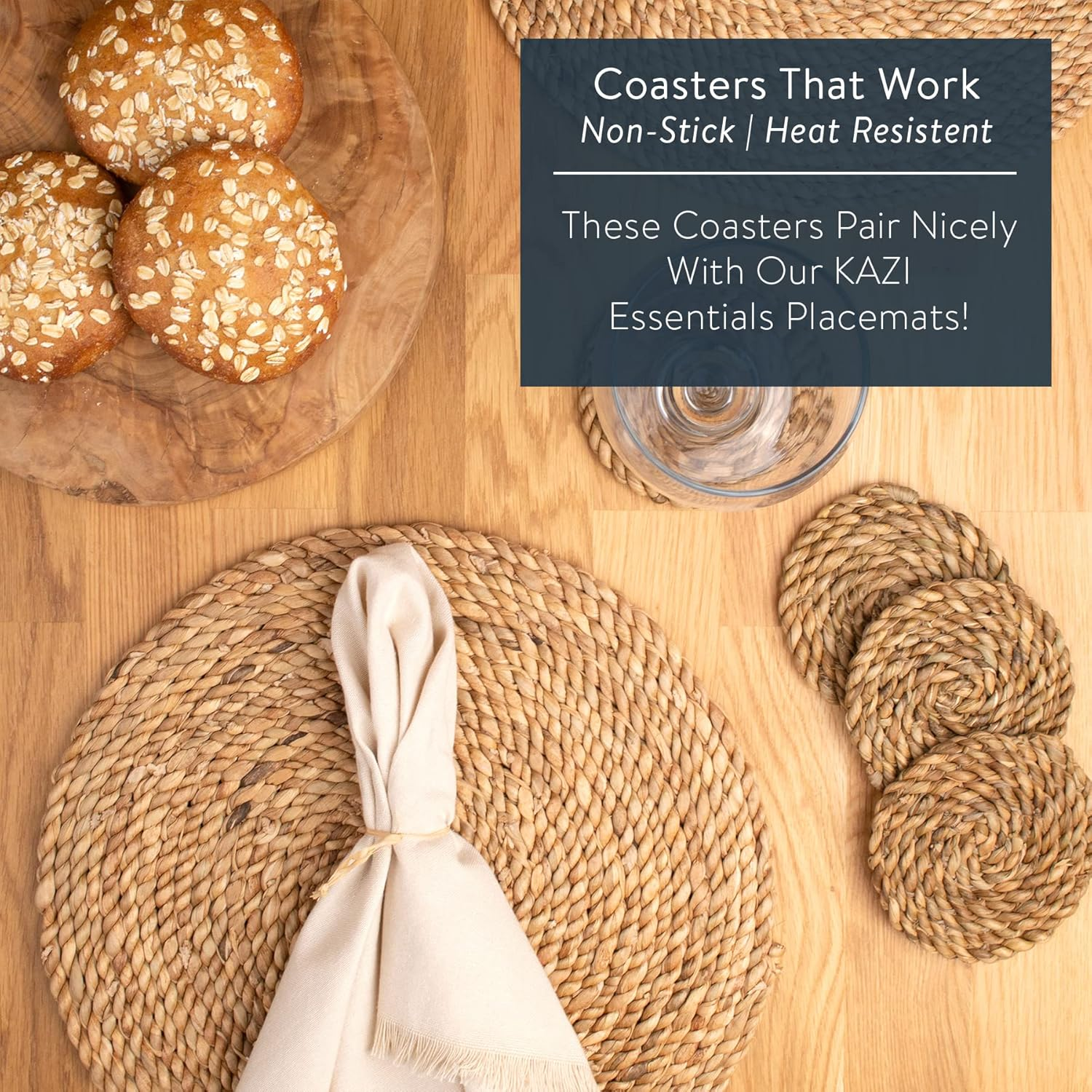 KAZI Essentials Boho Coasters for Drinks - Set of 6, Natural Wicker Raffia Woven Coasters, Eco-Friendly Handmade by African Artisans, Housewarming Gift, Coastal, Cottage D&eacute;cor (Natural Cattail) image number 3