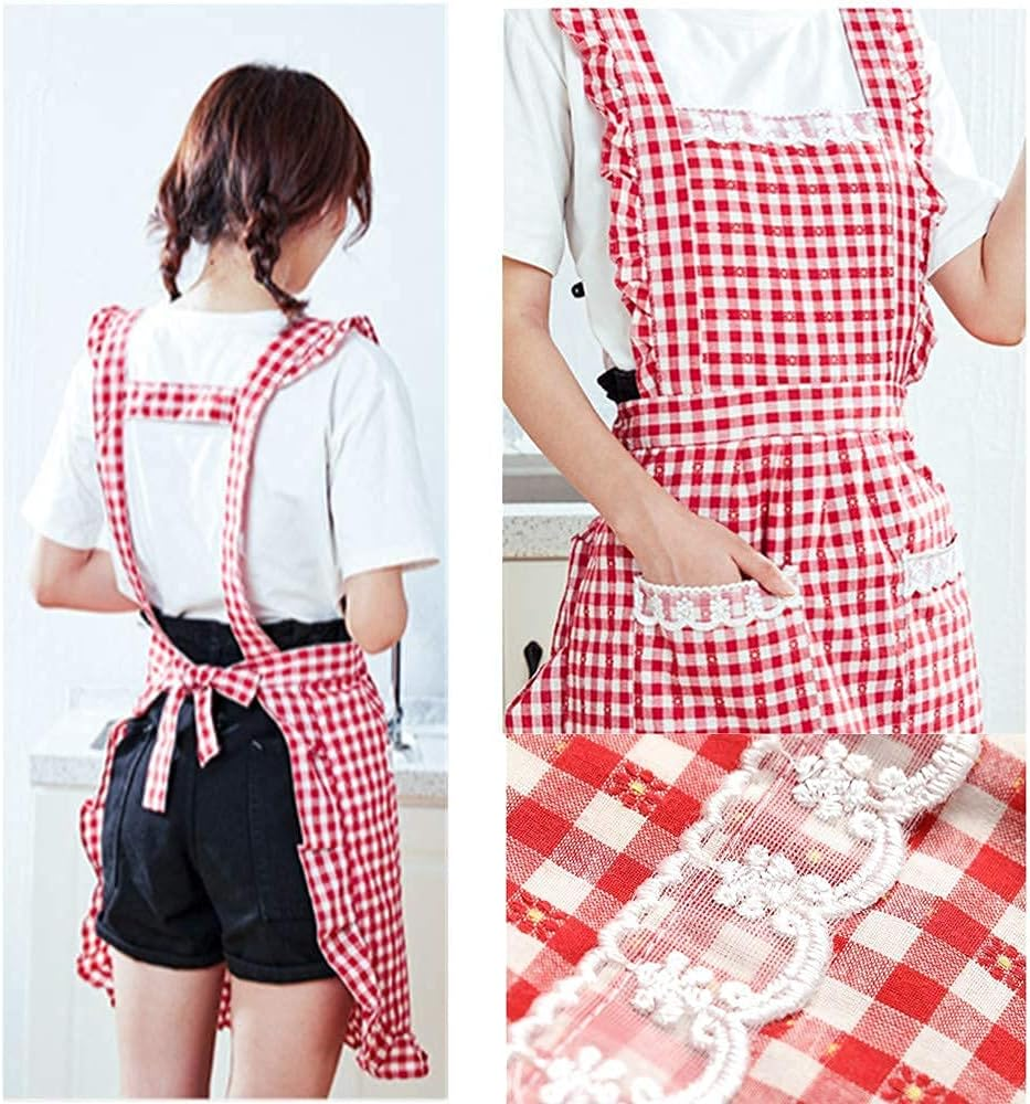 Gudgmtoy Cute Kitchen Aprons for Women with Pockets Adjustable Chef Apron Ladies Baking Cotton Frilly Aprons Pinafore Dress for Baking Cooking Mother Girls Birthday Gift Red, Red, F image number 6