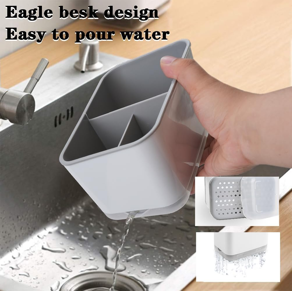 Utensil Holder Cutlery Drainer Sink Caddy, Removable Chopsticks Holder, Grey Plastic Kitchen Organizer, Fork Drain Rack for Spoon Knife Brush image number 3