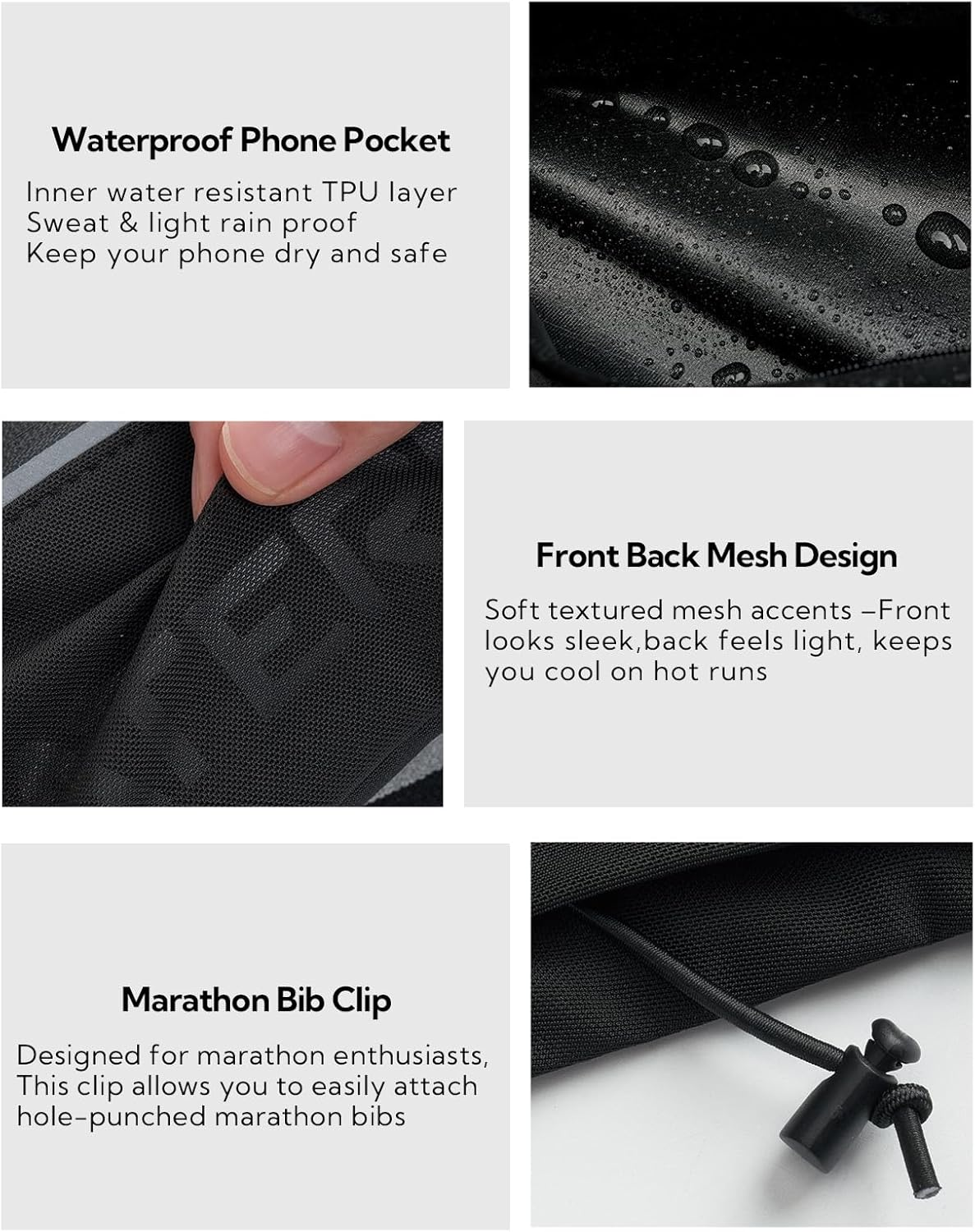 WATERFLY Running Belt Fanny Pack: Breathable 3 Pocket Waist Bag for Men Women Workout Exercise Fitness Phone Holder Fits ALL Phones - Runner Marathon Jogging Race Belt with Bib Clip Black image number 5
